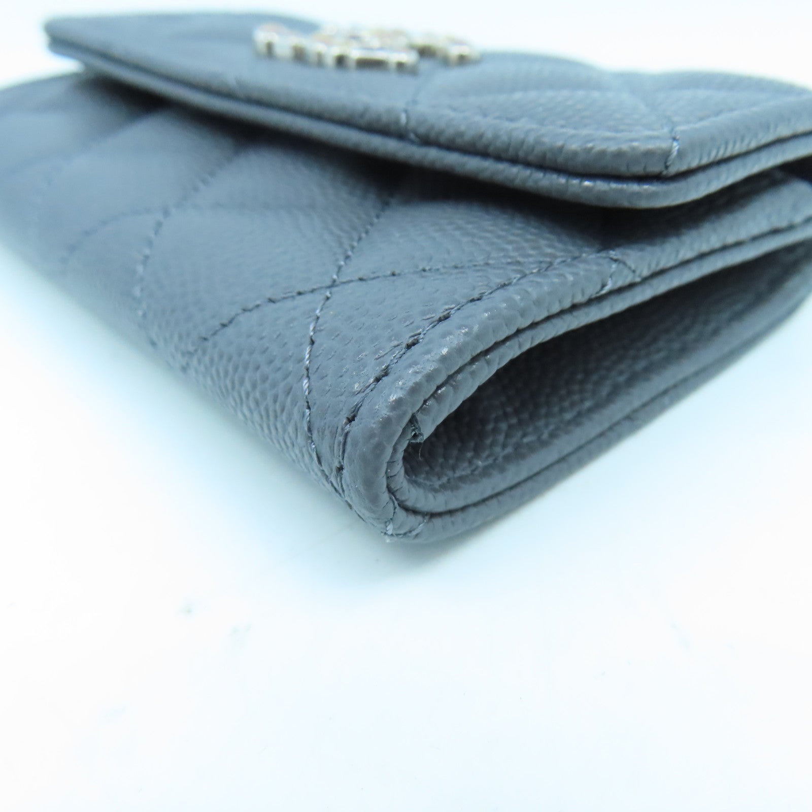 CHANEL 菱格牛皮皮革Card Case銀扣卡片套灰色