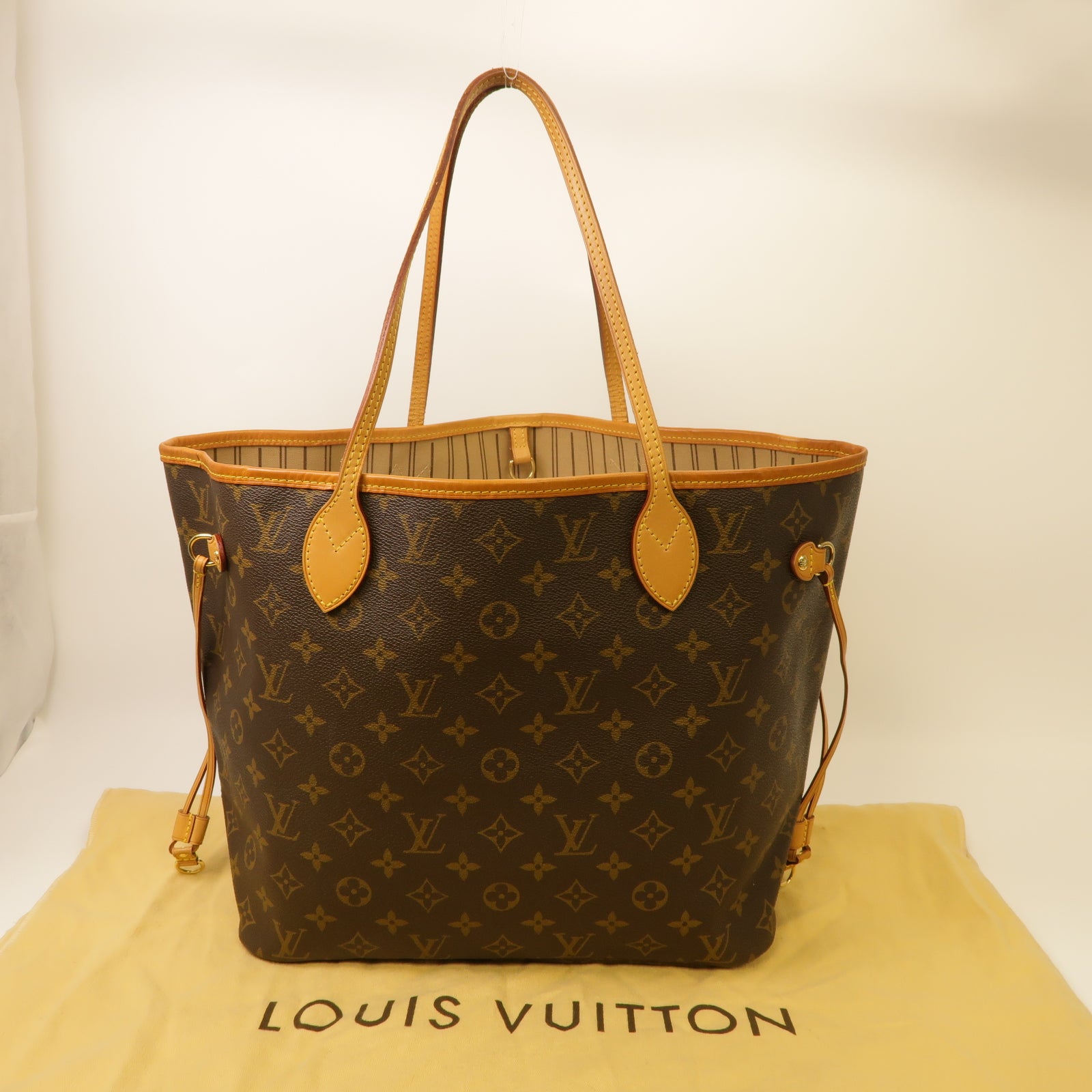 LOUIS VUITTON Monogram Neverfull MM金扣手挽袋棕色
