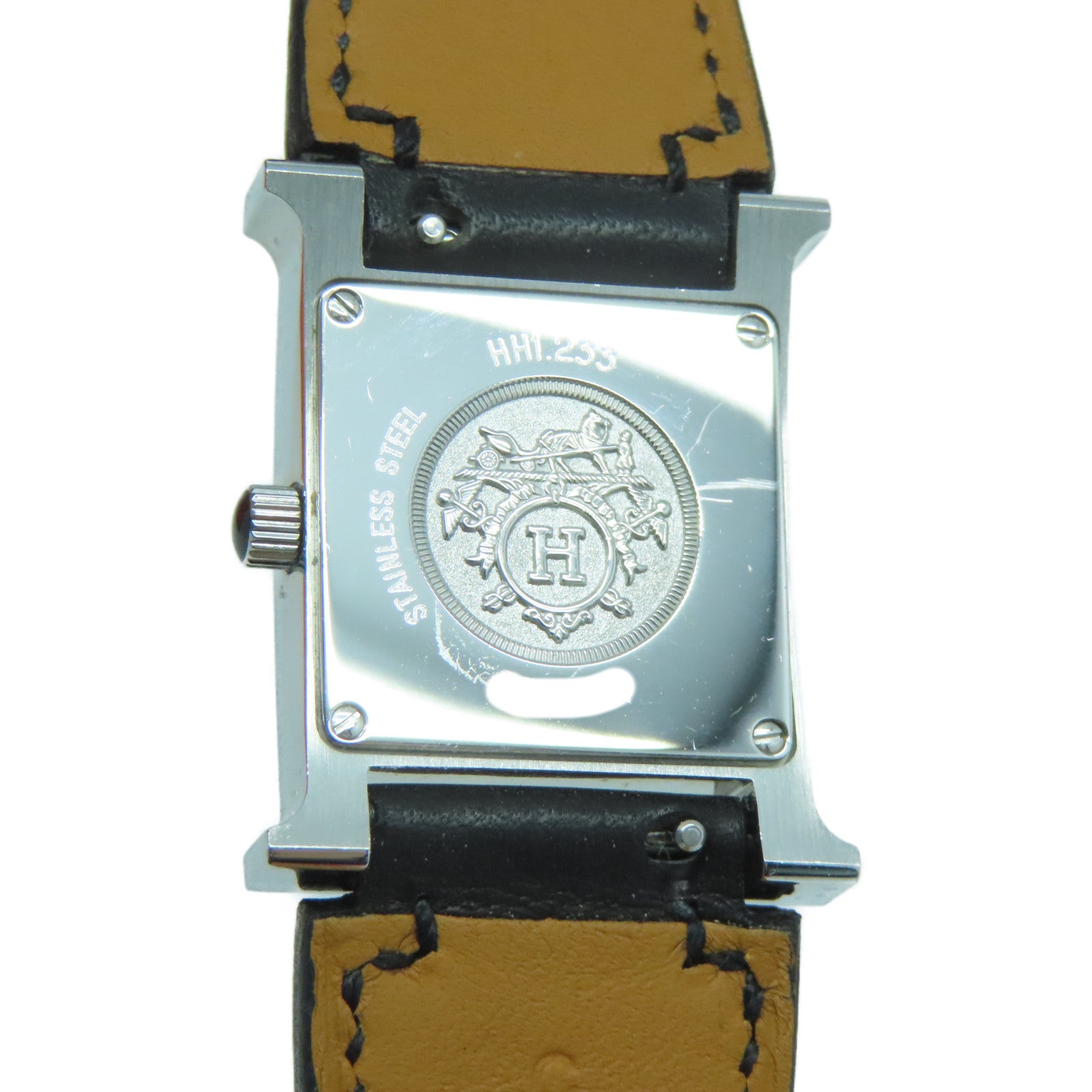 HERMES Heure H Watch不锈钢/皮革带手表石英机芯黑色