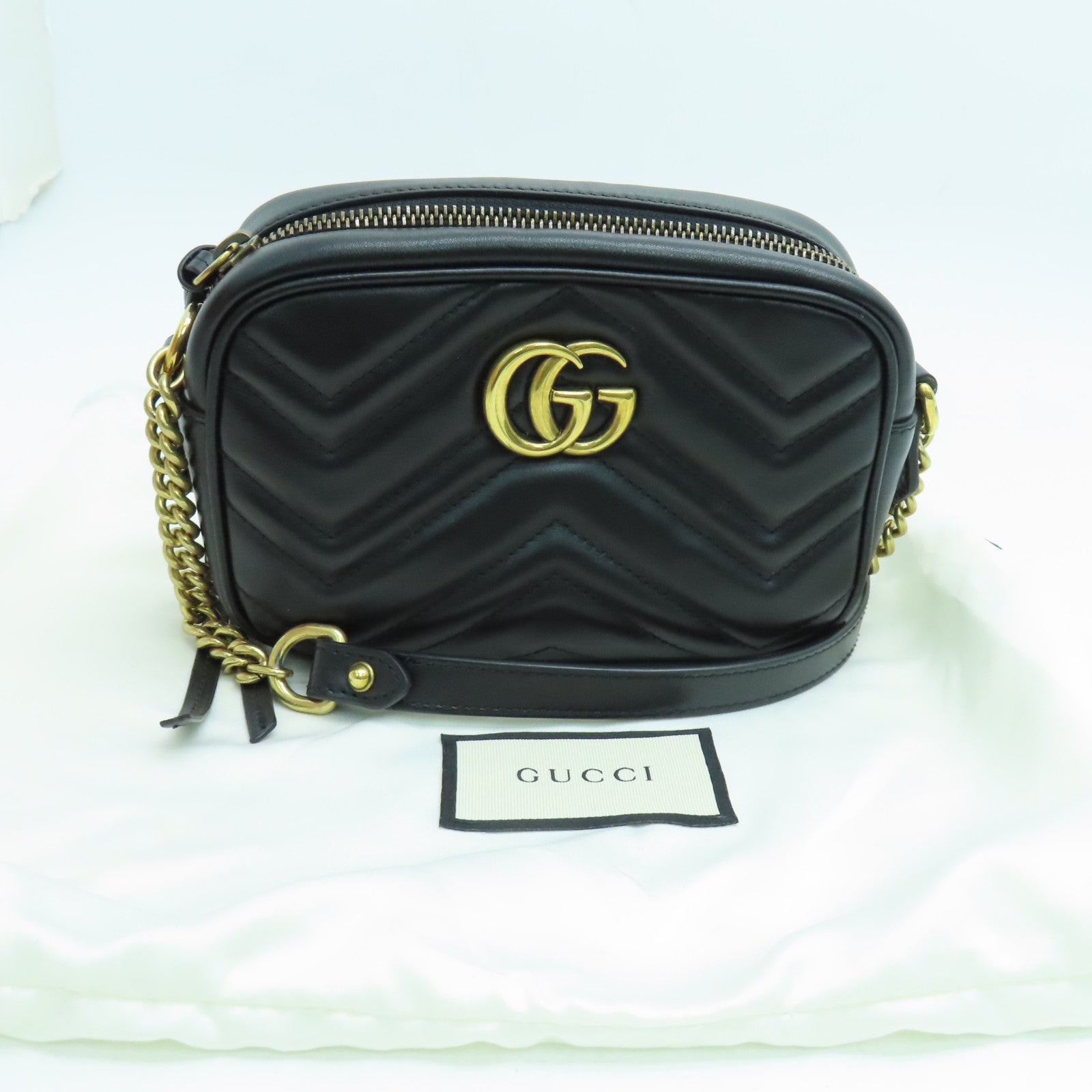 GUCCI 牛皮皮革GG Marmont Mini Shoulder Bag肩背袋金扣黑色