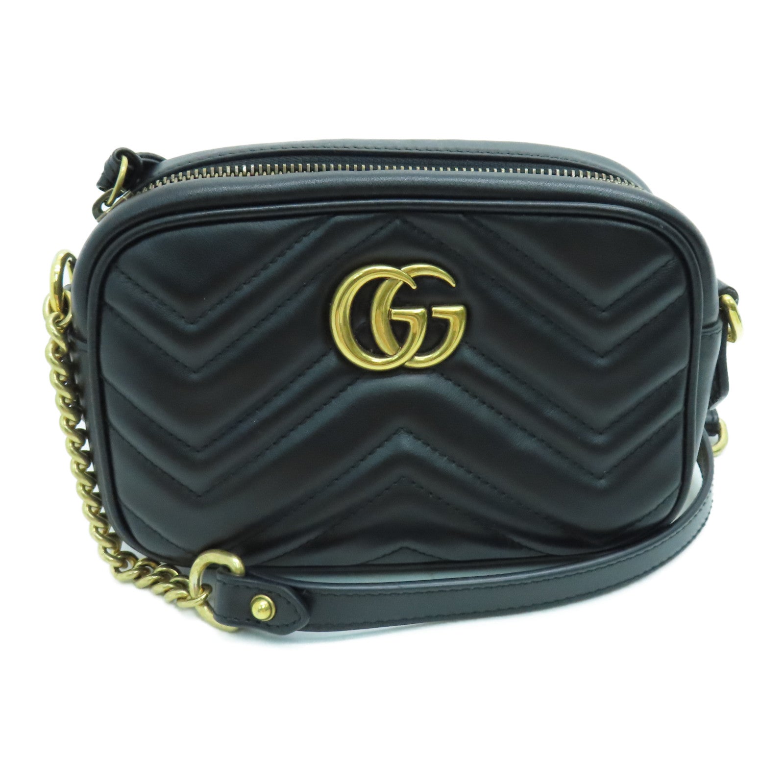 GUCCI 牛皮皮革GG Marmont Mini Shoulder Bag肩背袋金扣黑色