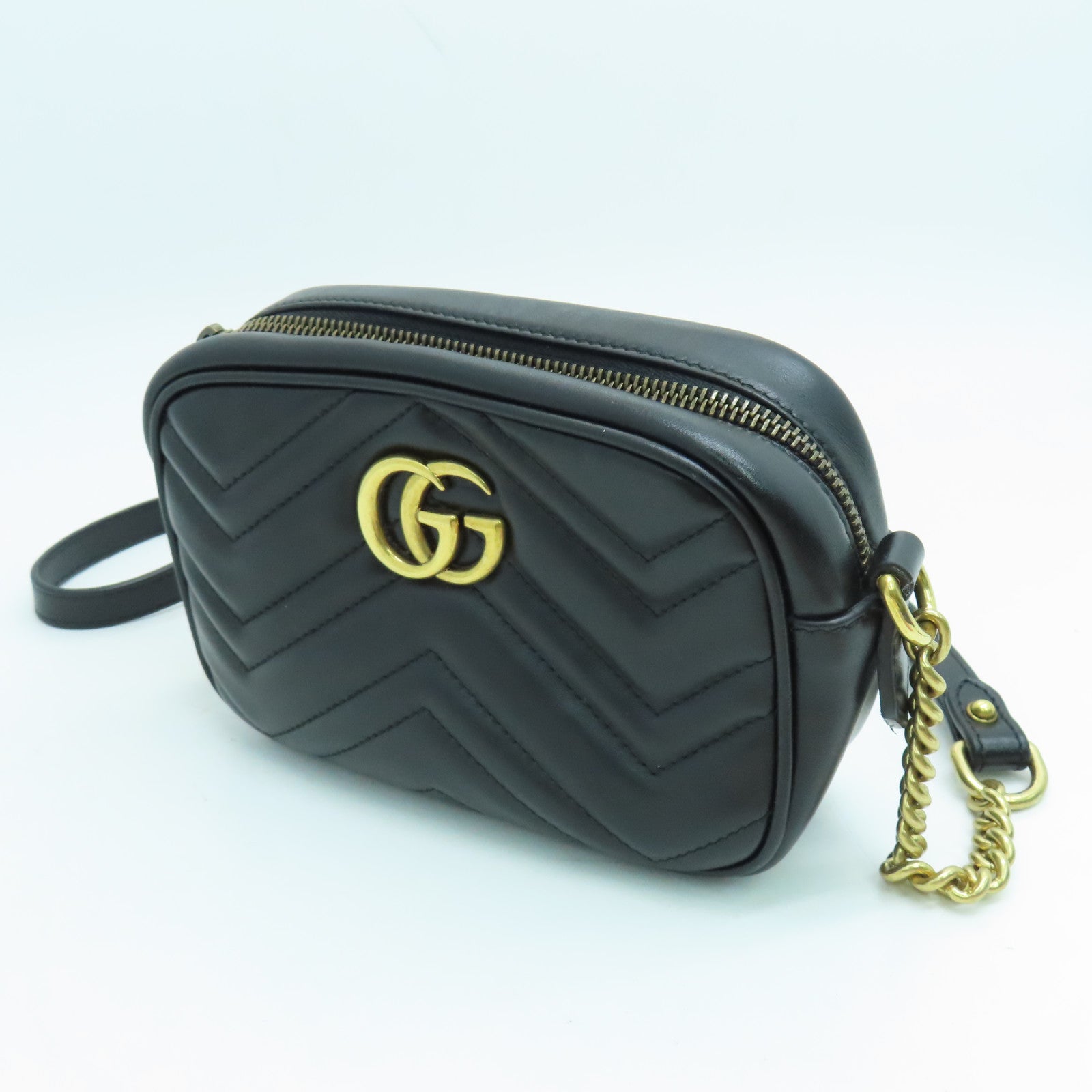 GUCCI 牛皮皮革GG Marmont Mini Shoulder Bag肩背袋金扣黑色