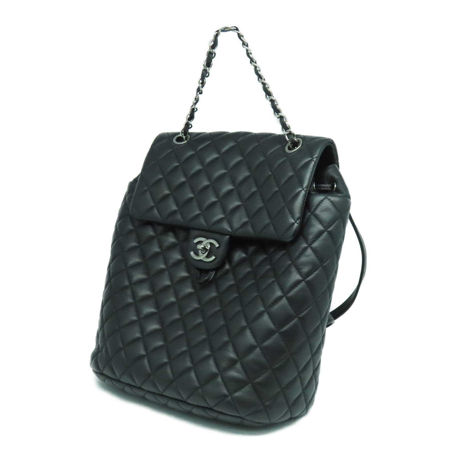 CHANEL 菱格羊皮皮革Backpack銀扣背包黑色