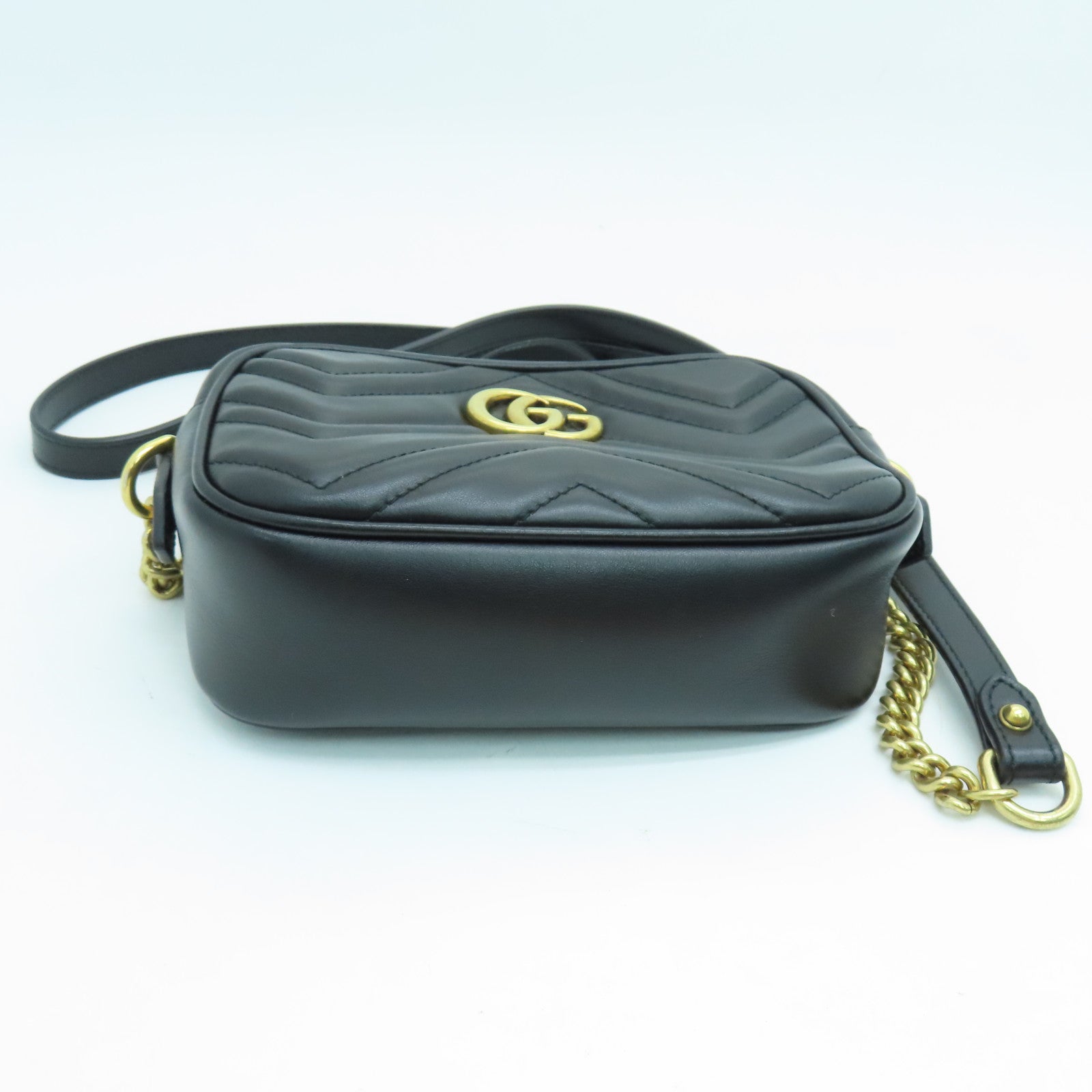GUCCI 牛皮皮革GG Marmont Mini Shoulder Bag肩背袋金扣黑色