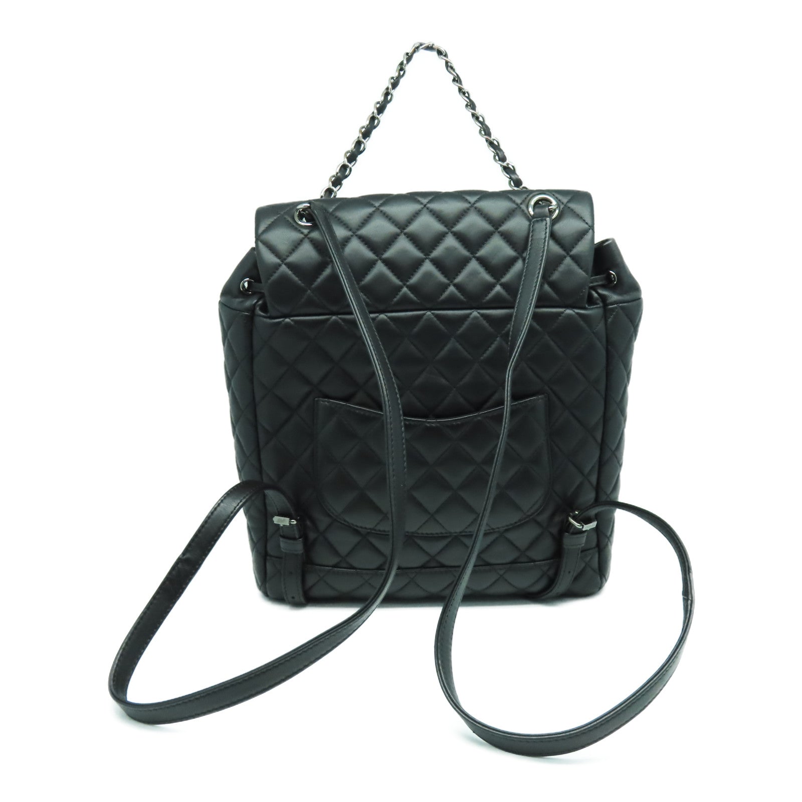 CHANEL 菱格羊皮皮革Backpack銀扣背包黑色