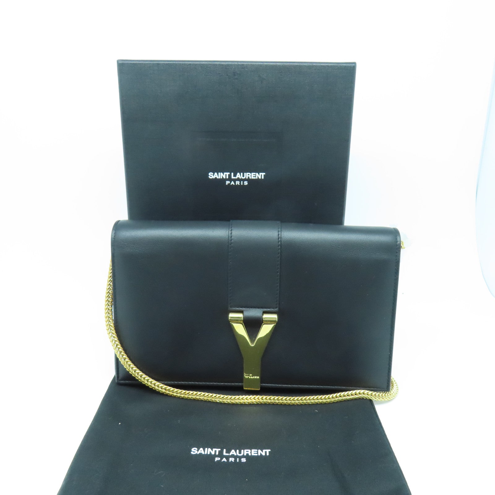 YVES SAINT LAURENT 牛皮皮革Chain Shoulder Bag金扣鏈帶肩背袋黑色