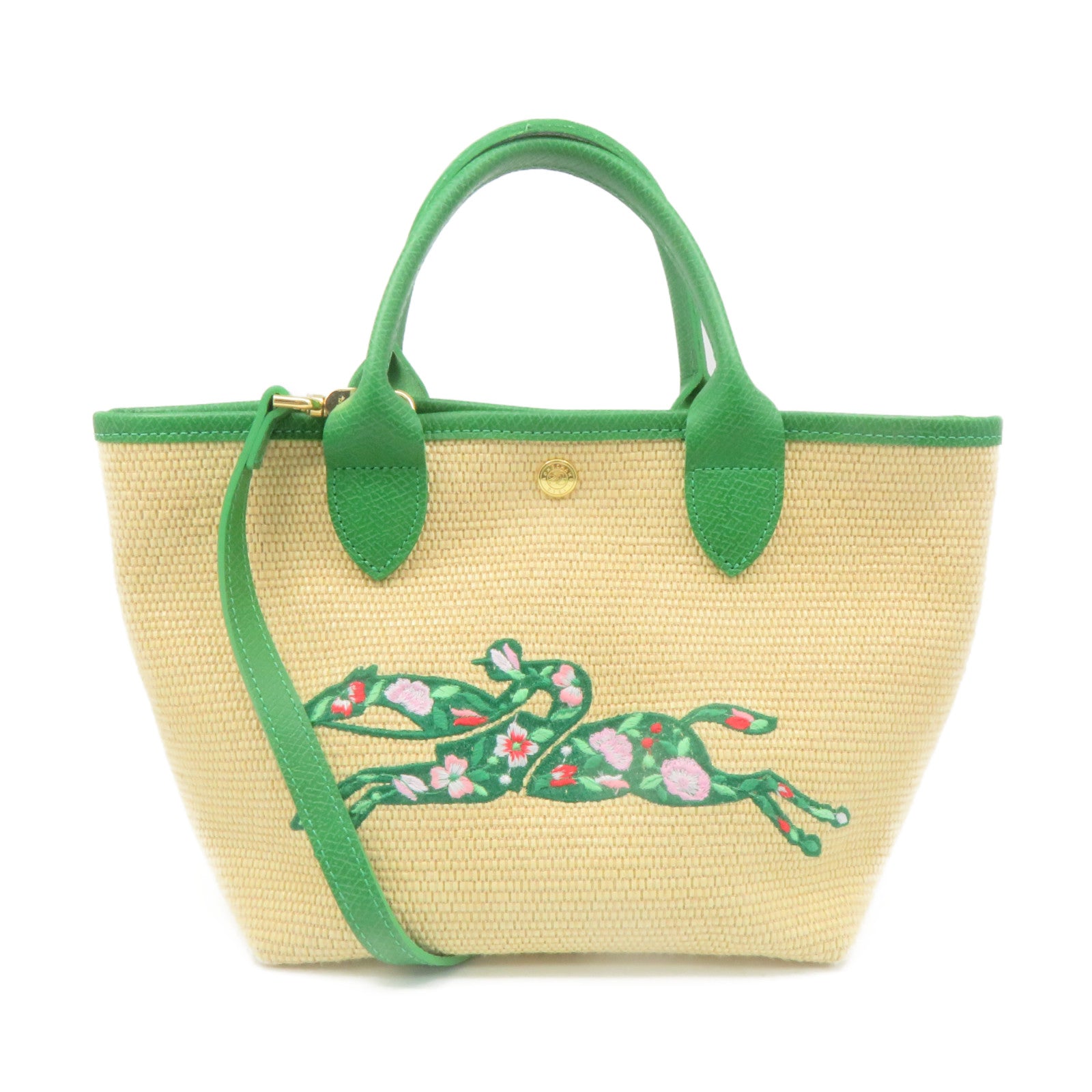 Longchamp 帆布2Way Shoulder Bag手挽肩背兩用袋杏色/綠色