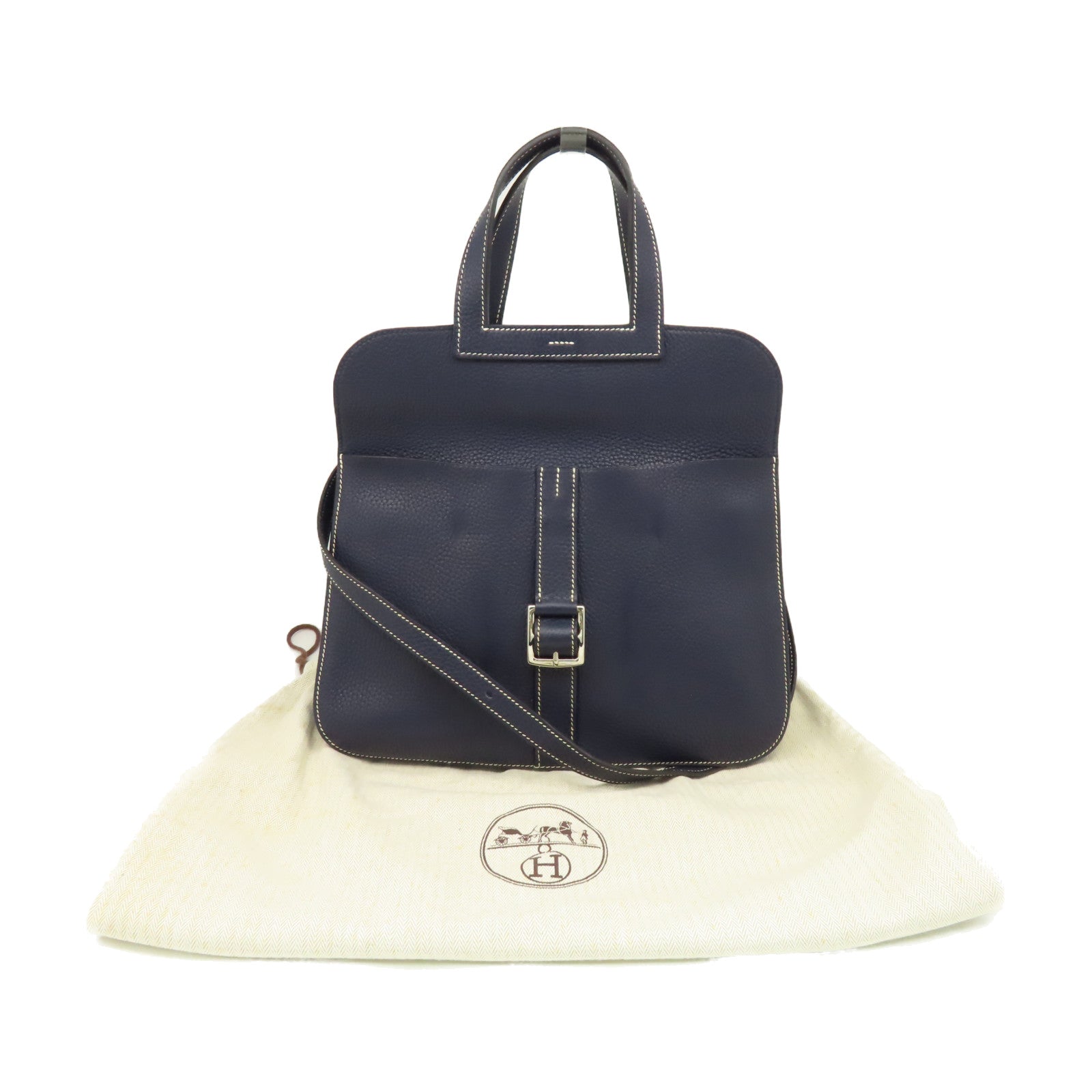 HERMES Clemence皮革Halzan 31 2Way Shoulder Bag銀扣手挽肩背兩用袋寶藍色