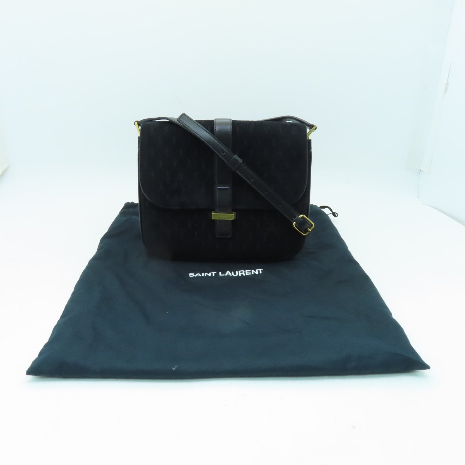 SAINT LAURENT 麂皮皮革/皮革Shoulder Bag金扣肩背袋黑色