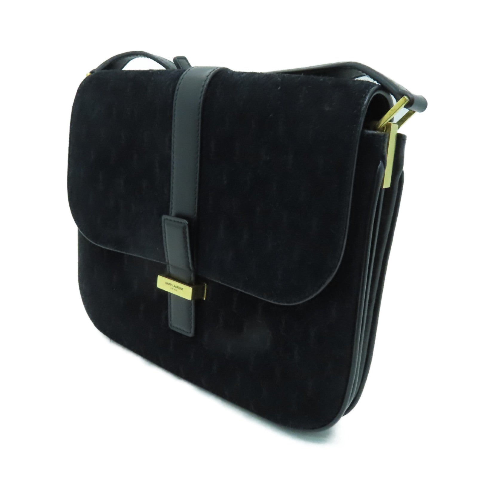SAINT LAURENT 麂皮皮革/皮革Shoulder Bag金扣肩背袋黑色