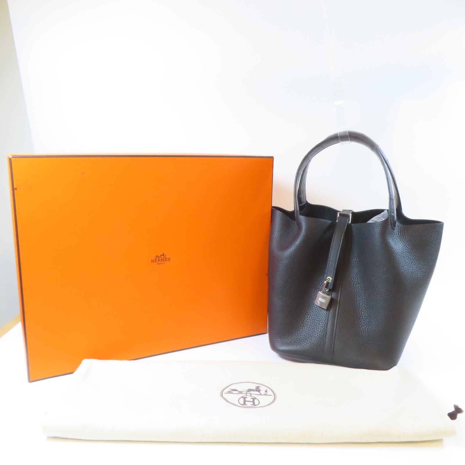 HERMES Clemence皮革Picotin Touch銀扣手挽袋經典黑色