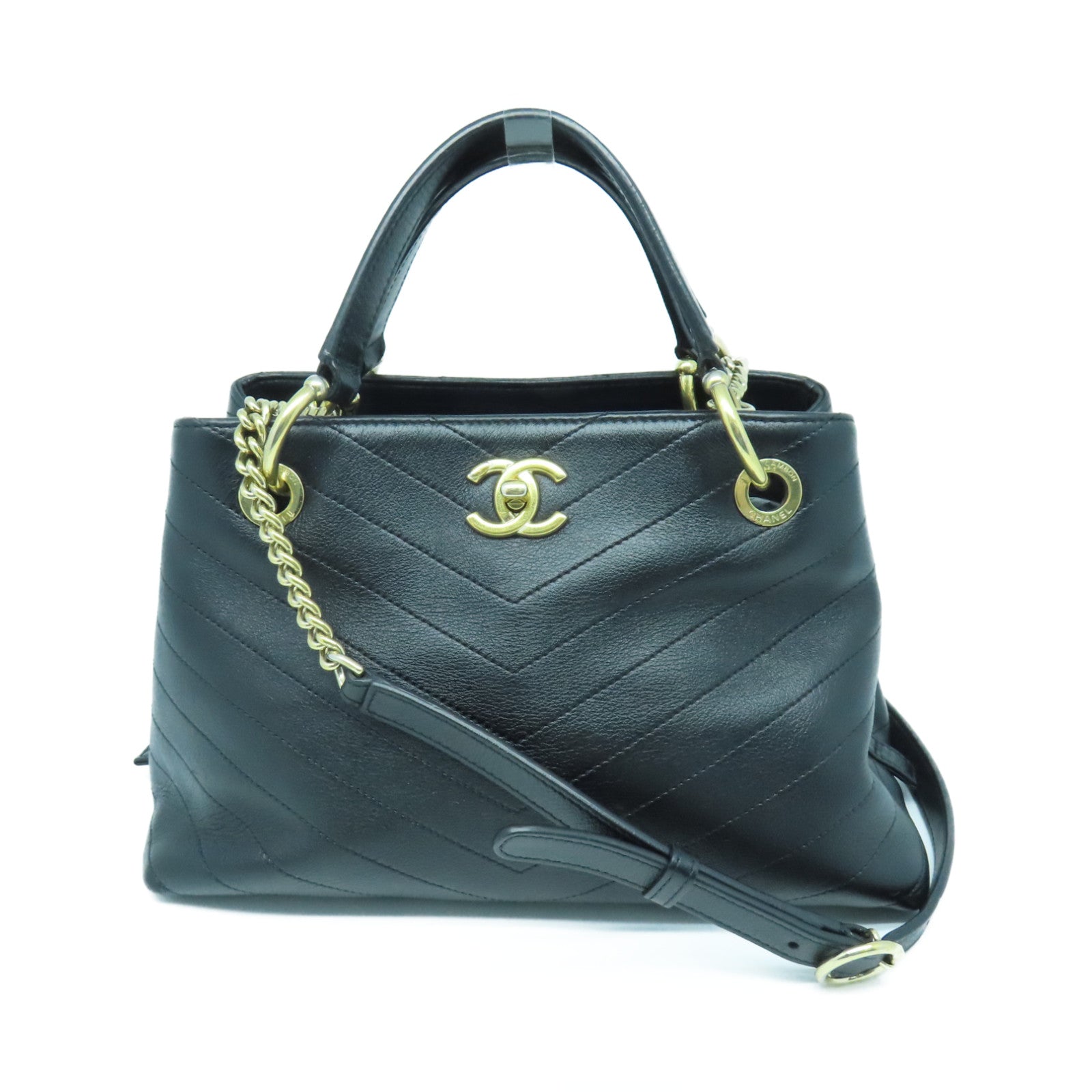 CHANEL 斜紋牛皮皮革Chain Shoulder Bag金扣鏈帶肩背袋黑色