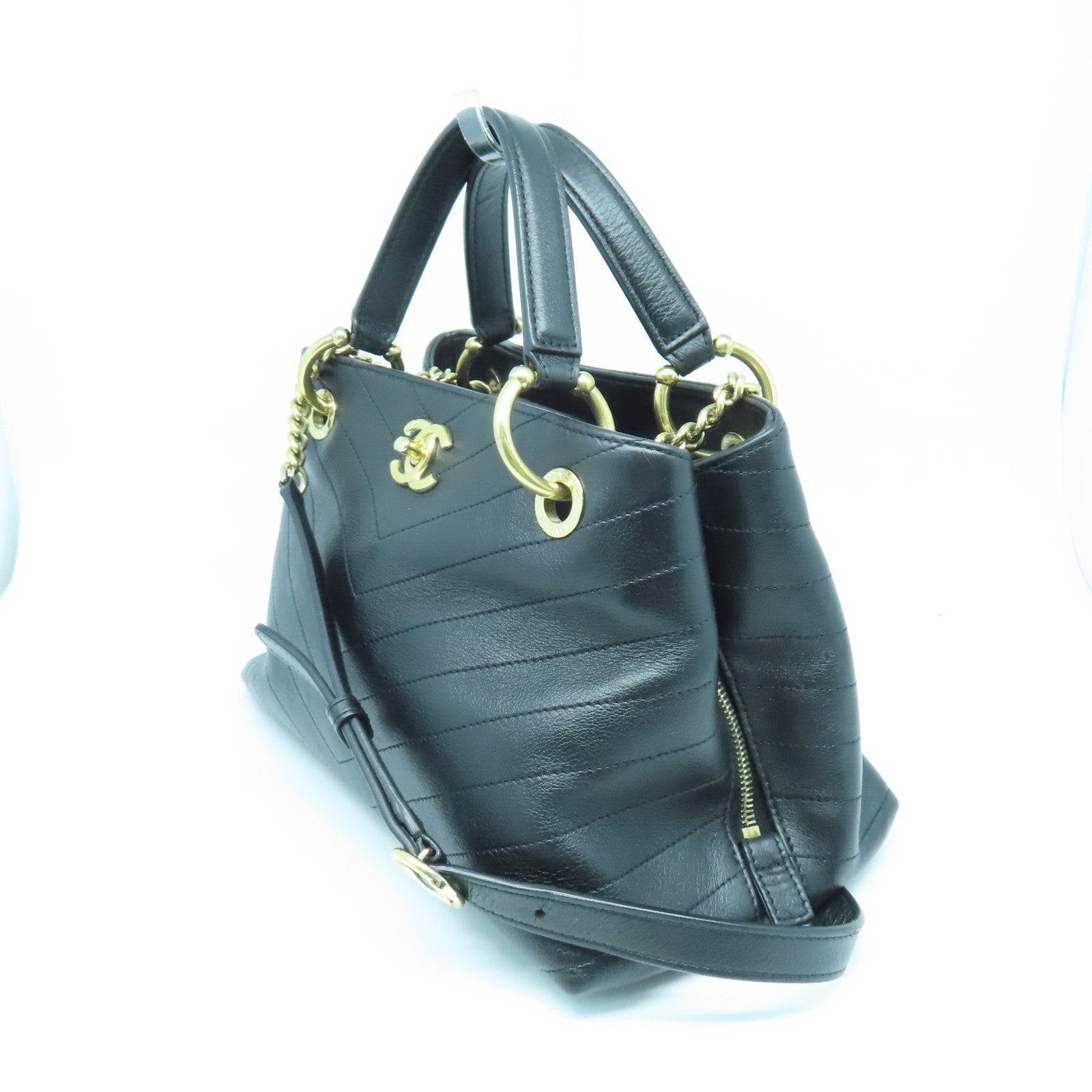 CHANEL 斜紋牛皮皮革Chain Shoulder Bag金扣鏈帶肩背袋黑色