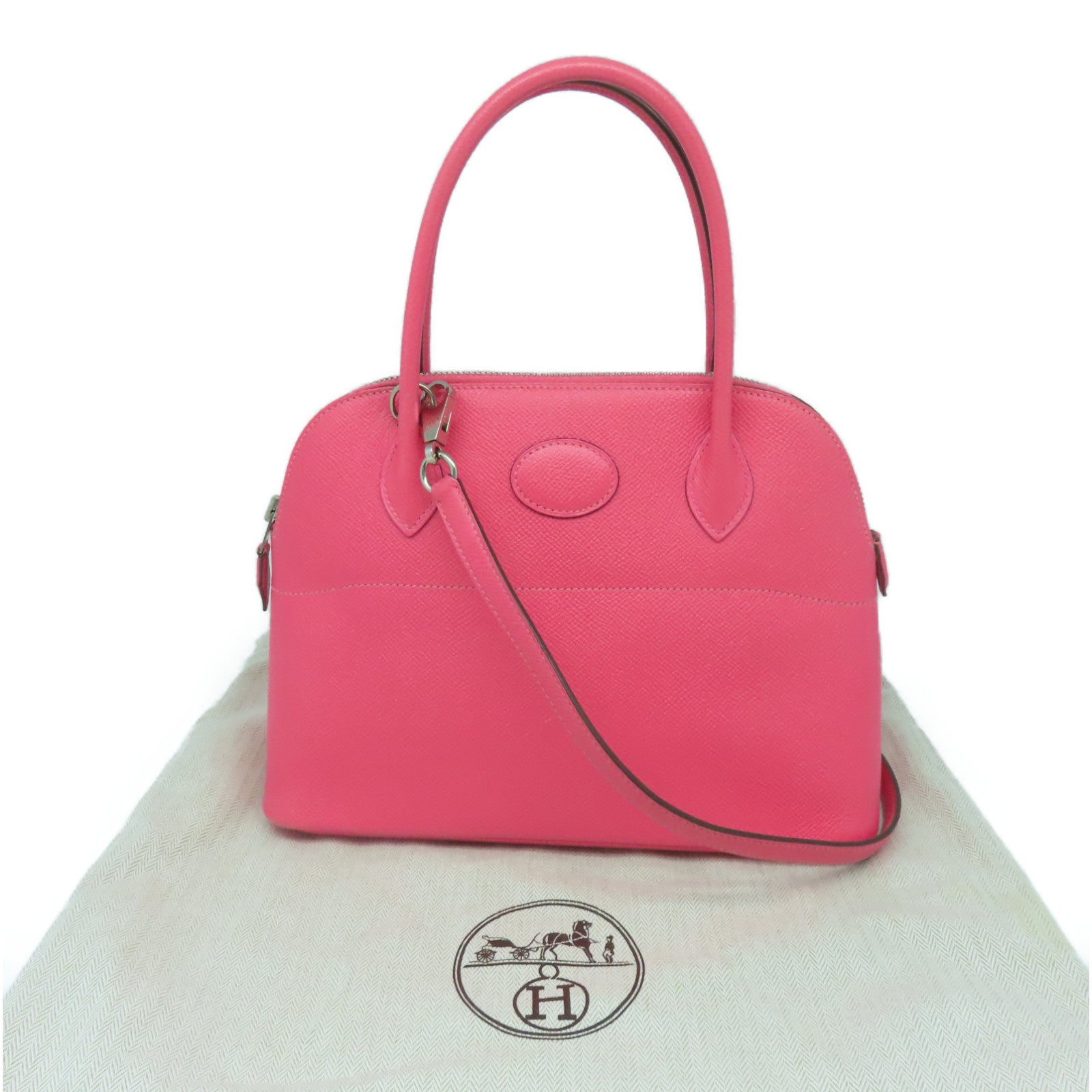 HERMES Epsom皮革Bolide 27银扣手挽肩背两用袋Rose Azalee粉红色