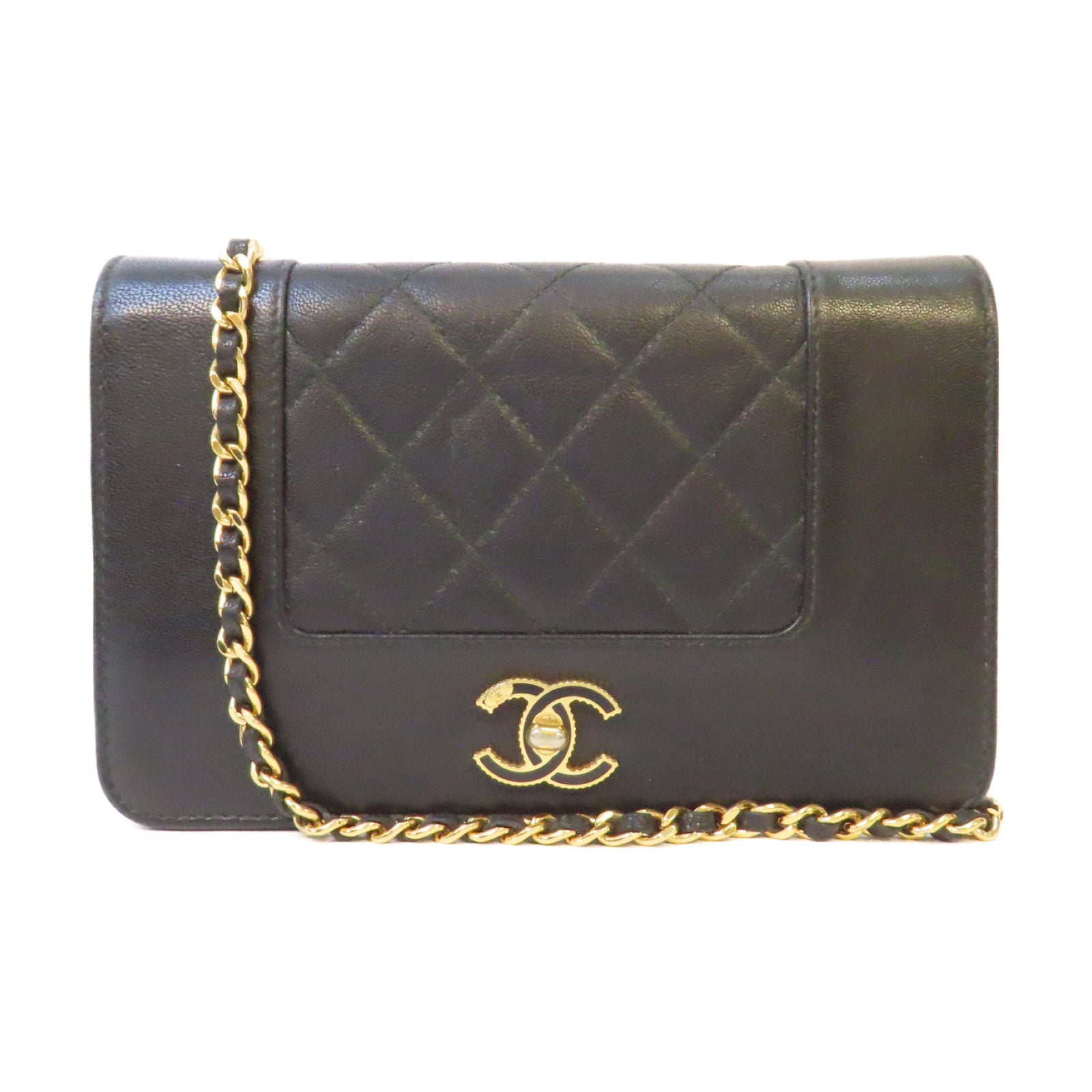CHANEL 菱格牛皮皮革WOC Wallet On Chain金扣鏈帶肩背袋黑色