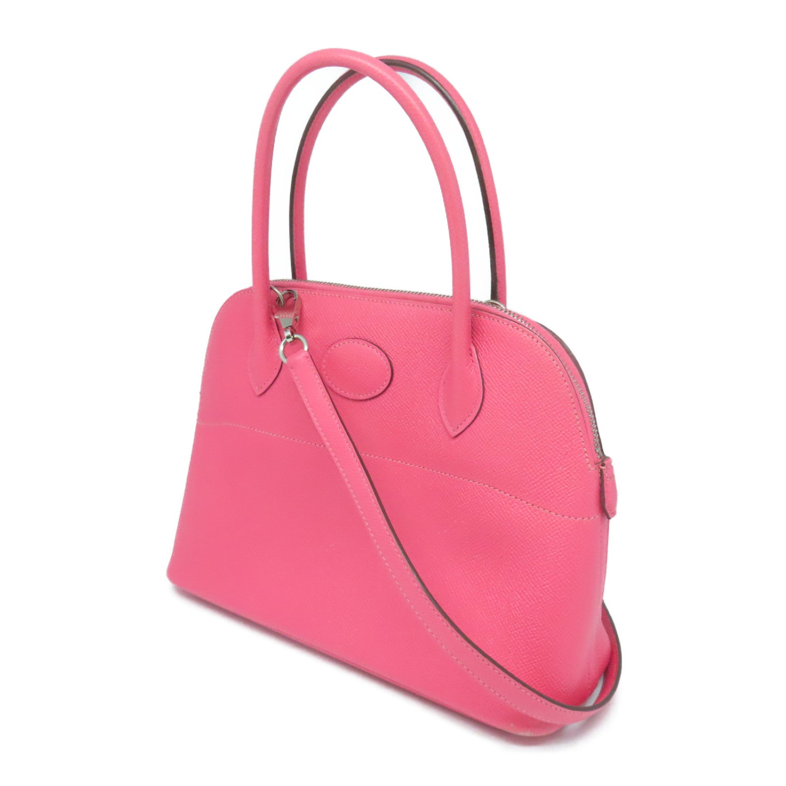 HERMES Epsom皮革Bolide 27银扣手挽肩背两用袋Rose Azalee粉红色