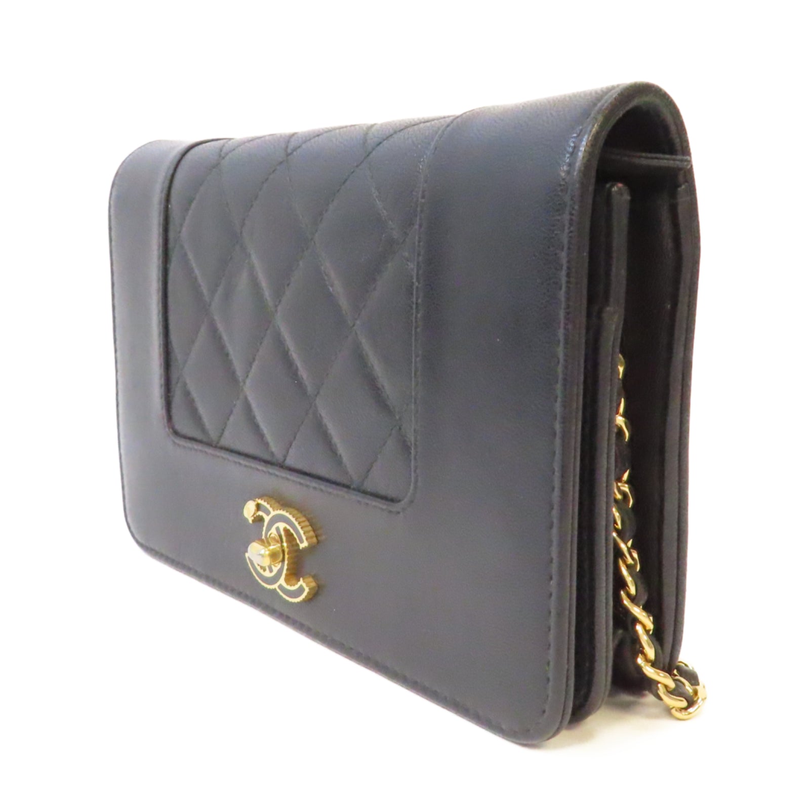 CHANEL 菱格牛皮皮革WOC Wallet On Chain金扣鏈帶肩背袋黑色