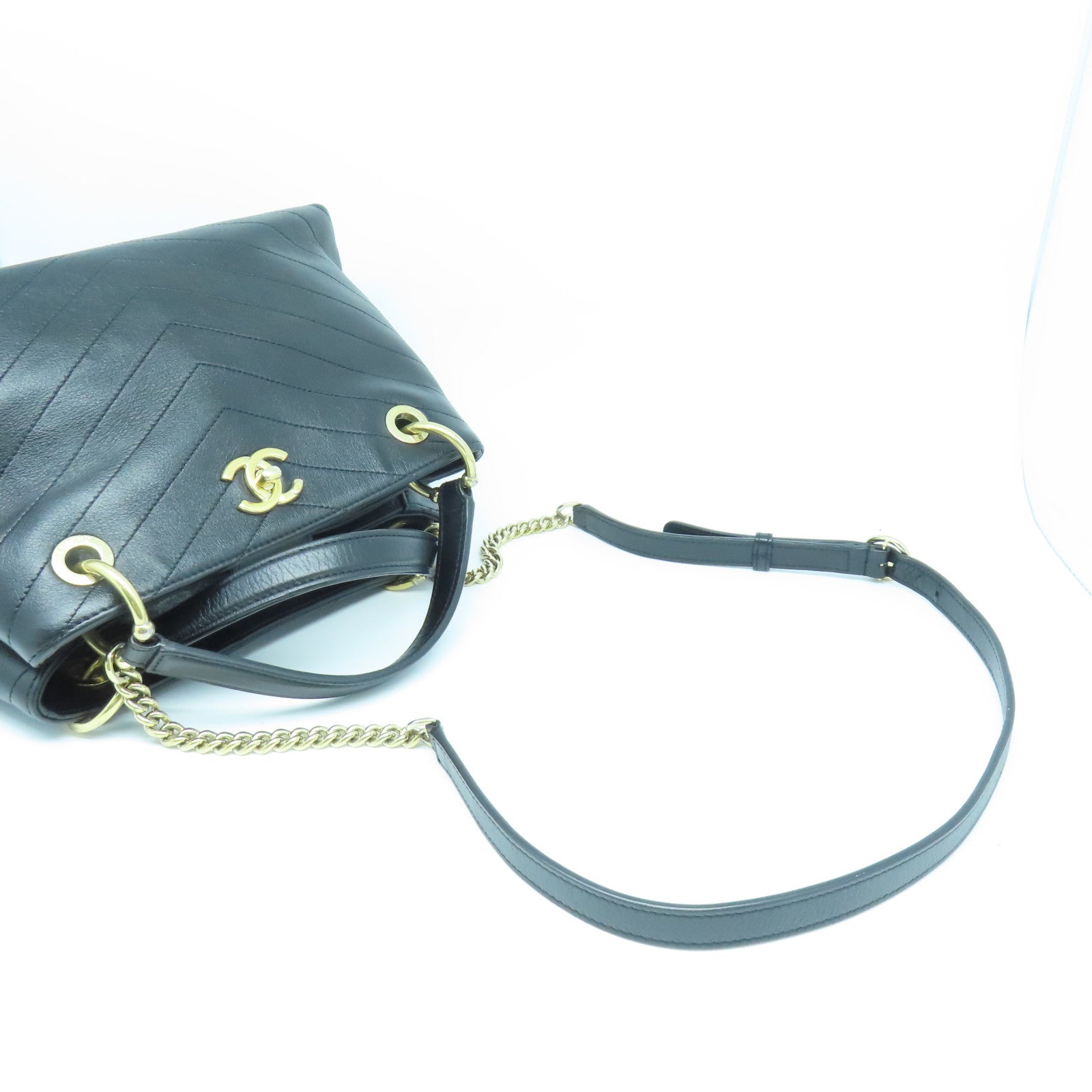 CHANEL 斜紋牛皮皮革Chain Shoulder Bag金扣鏈帶肩背袋黑色