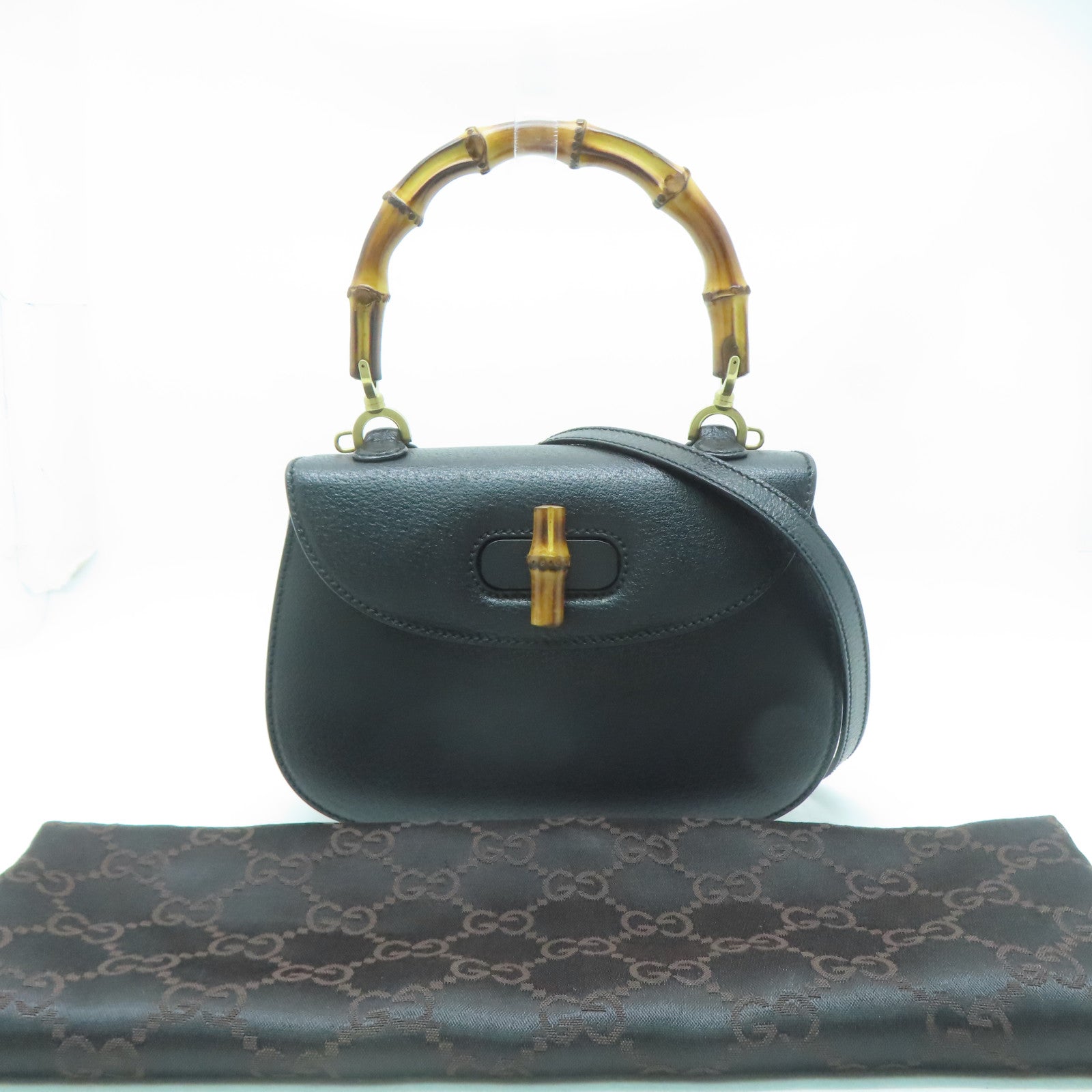GUCCI 牛皮皮革Vintage Bamboo Bag金扣手挽肩背兩用袋黑色