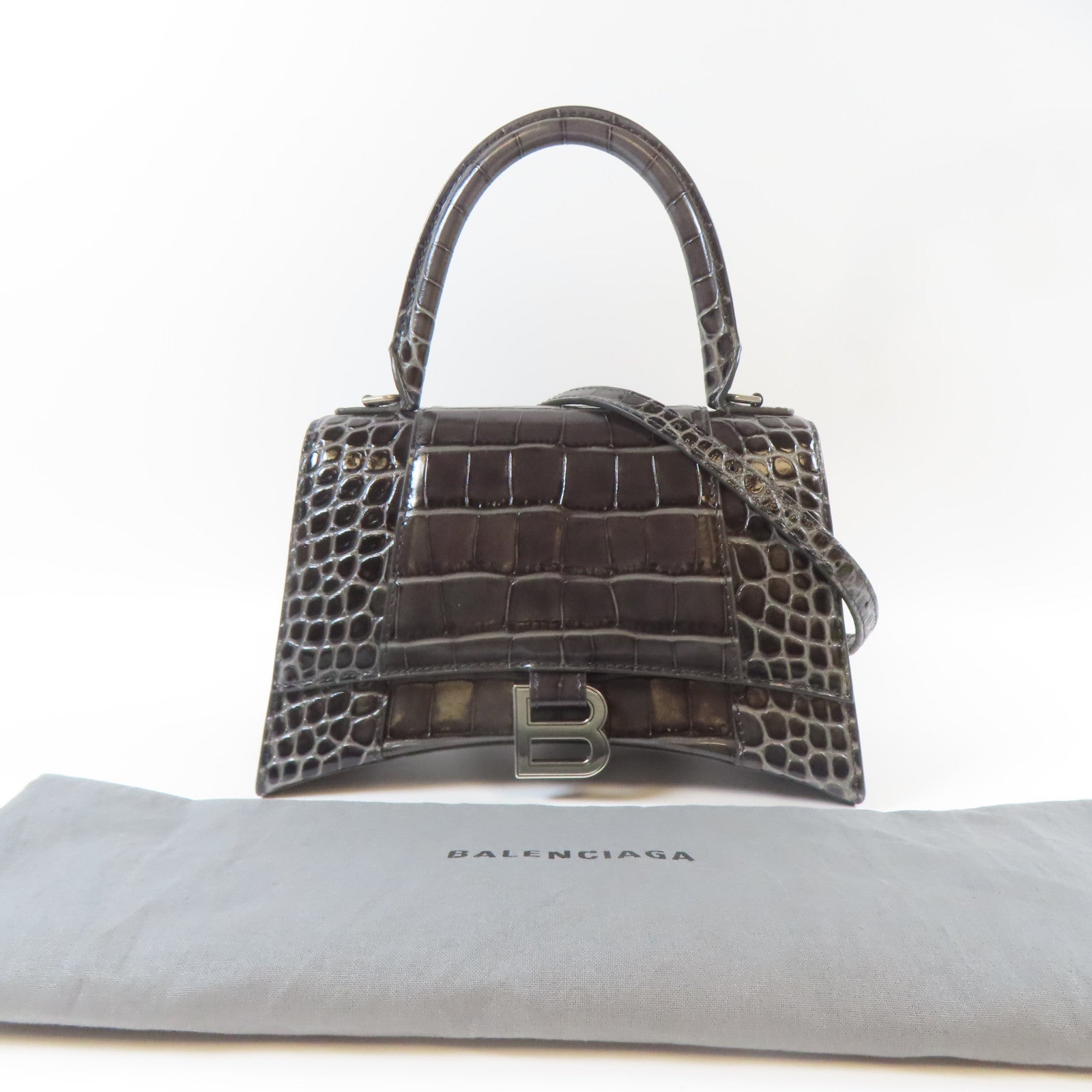 BALENCIAGA 牛皮皮革Hourglass Small銀扣手挽肩背兩用袋黑色/灰色