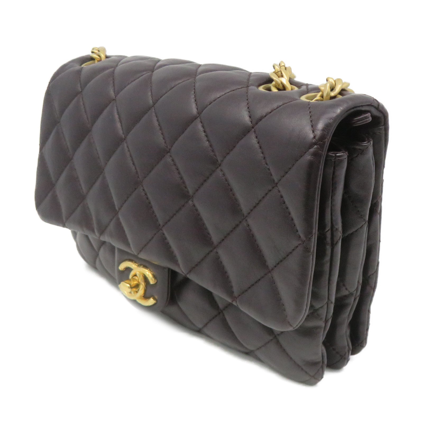 CHANEL 菱格羊皮皮革Chain Shoulder Bag金扣链带肩背袋朱古力色