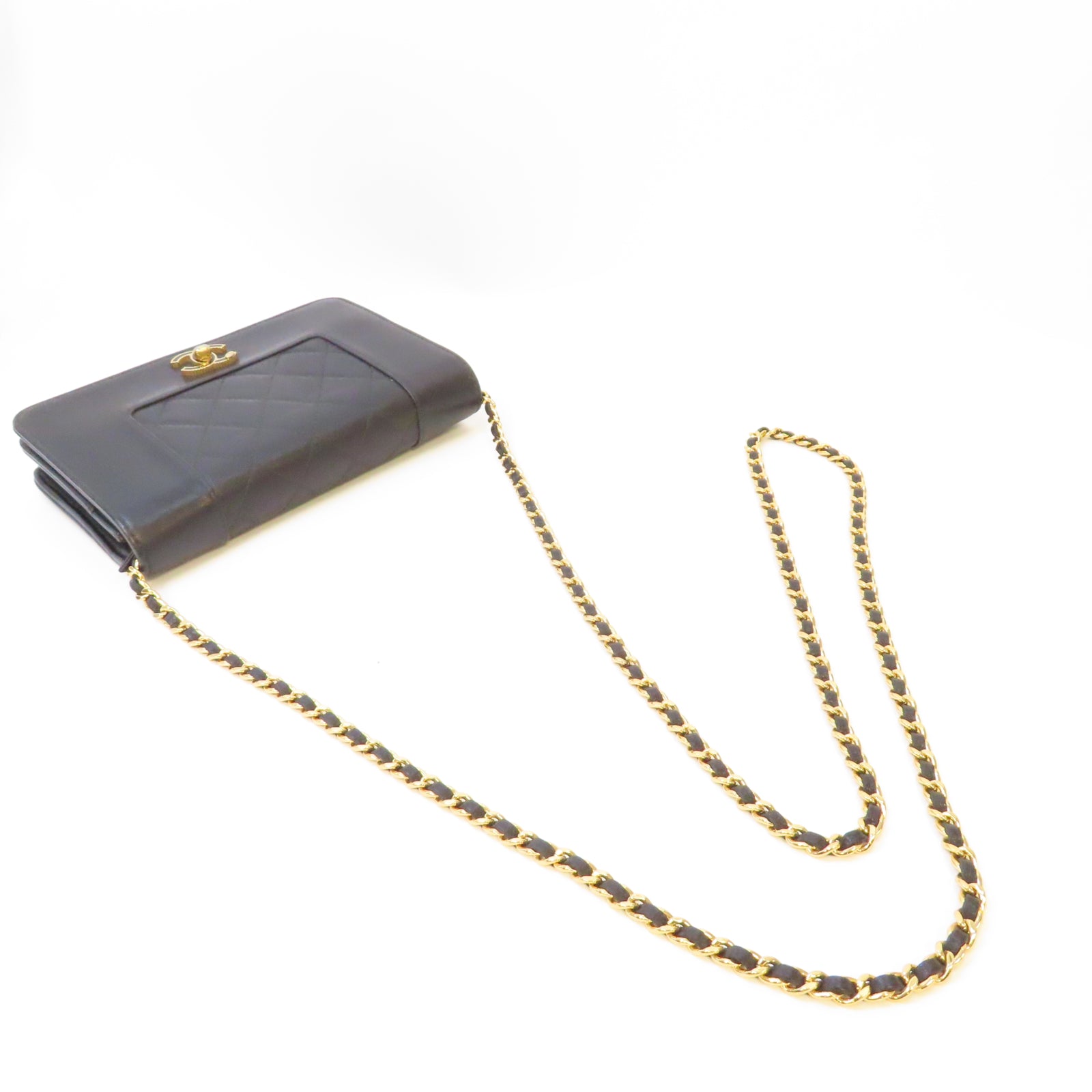 CHANEL 菱格牛皮皮革WOC Wallet On Chain金扣鏈帶肩背袋黑色