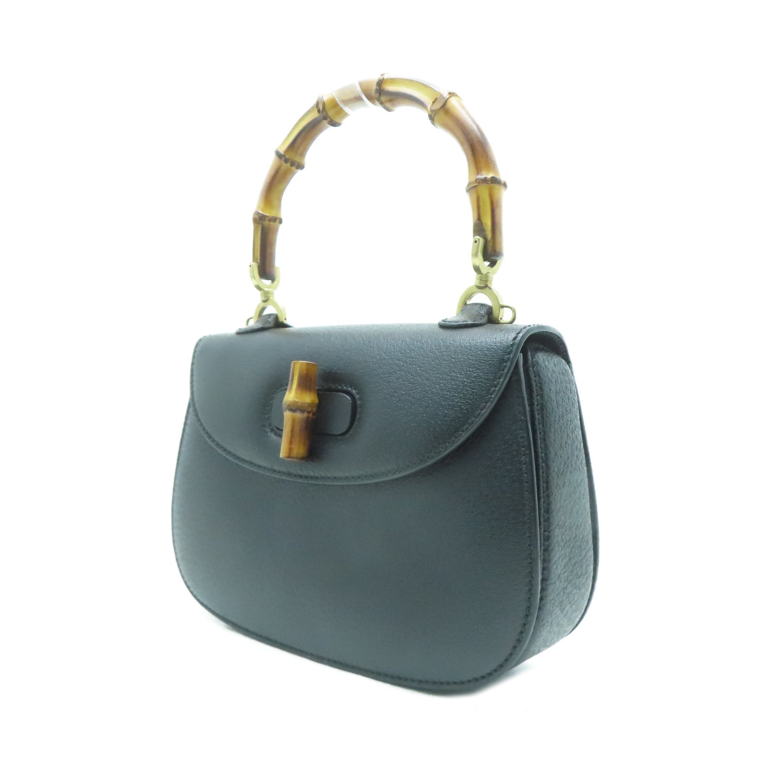 GUCCI 牛皮皮革Vintage Bamboo Bag金扣手挽肩背兩用袋黑色