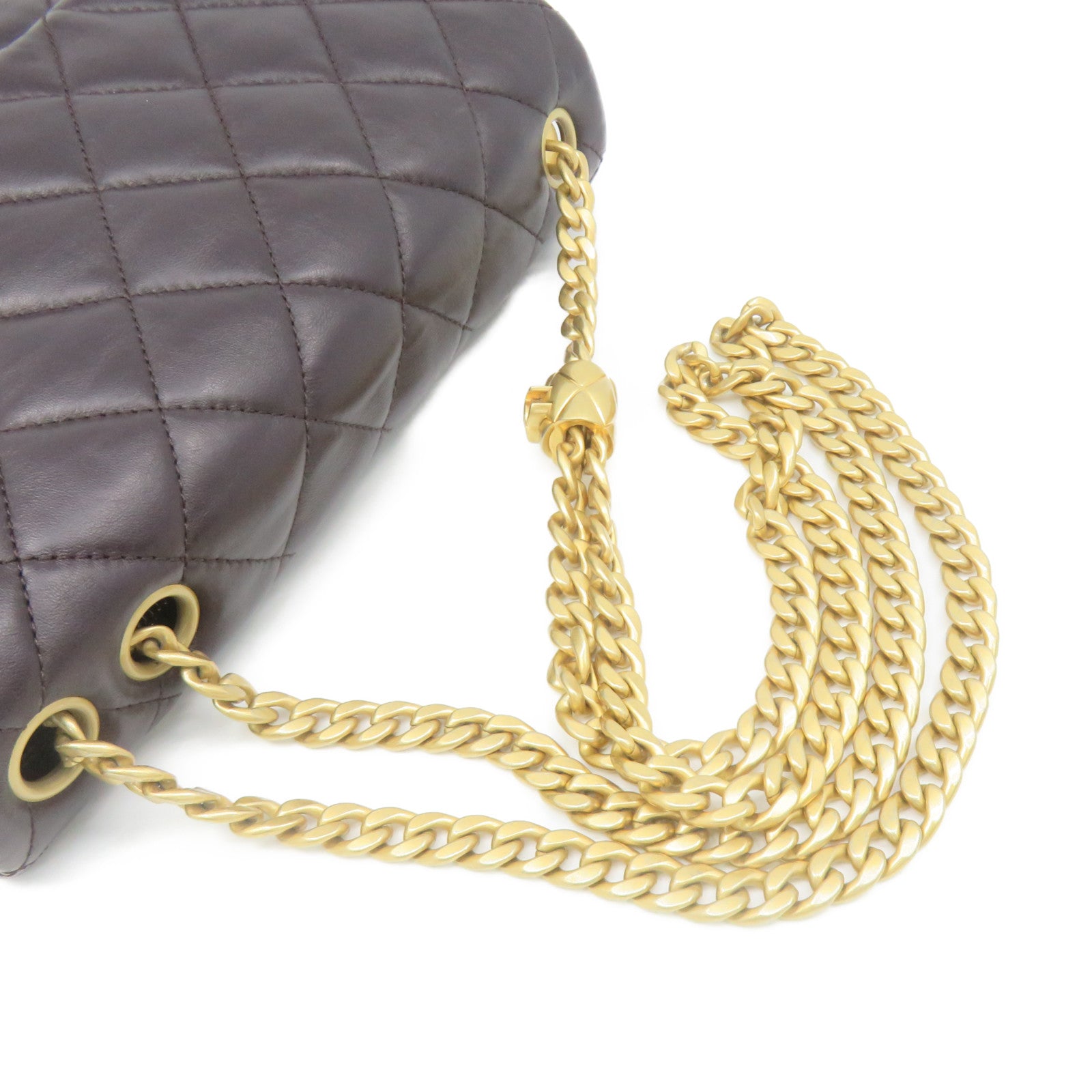 CHANEL 菱格羊皮皮革Chain Shoulder Bag金扣链带肩背袋朱古力色
