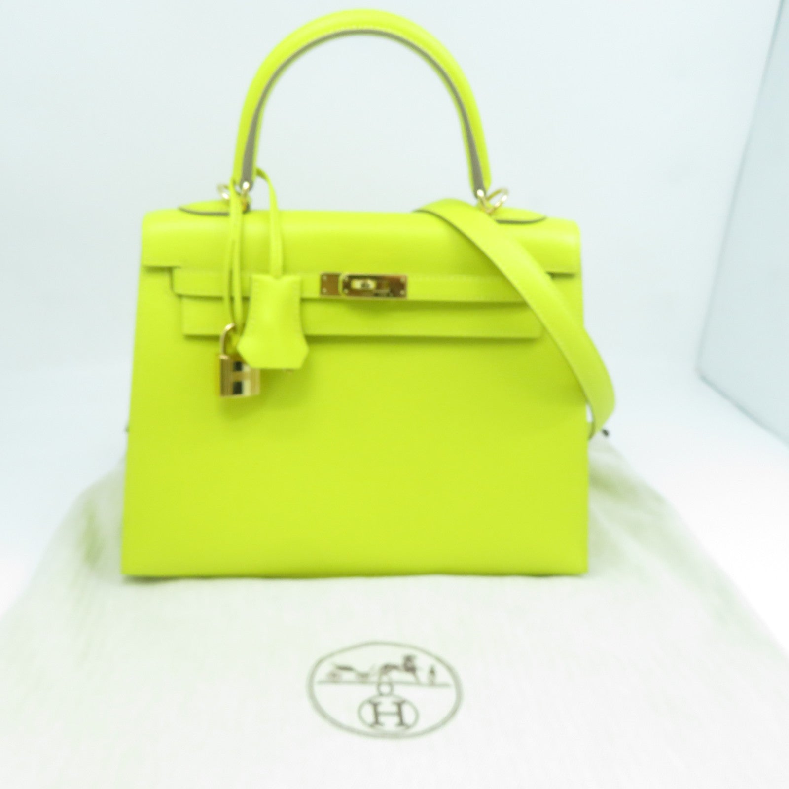 HERMES Epsom皮革Kelly 25金扣手挽肩背兩用袋黃綠色