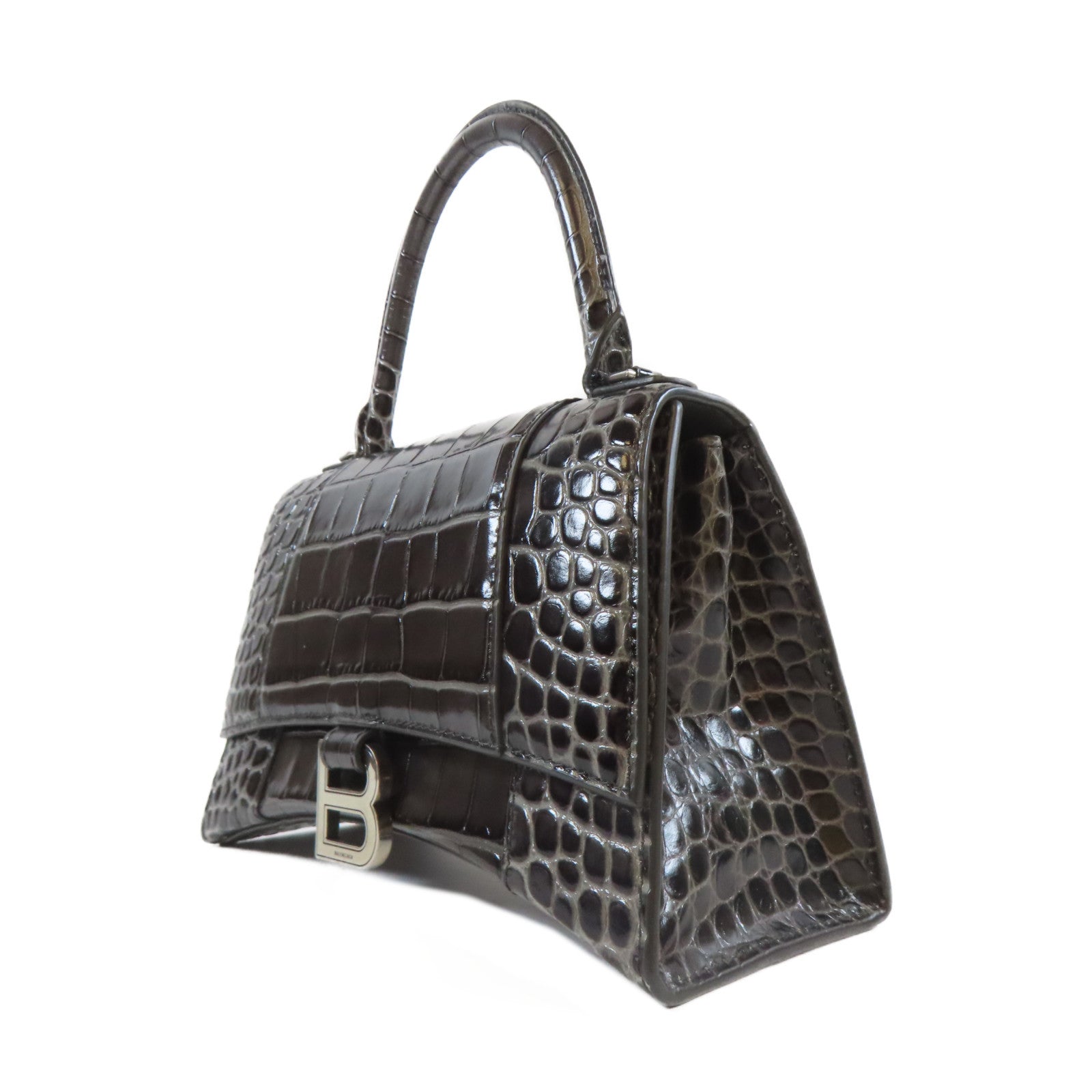BALENCIAGA 牛皮皮革Hourglass Small銀扣手挽肩背兩用袋黑色/灰色