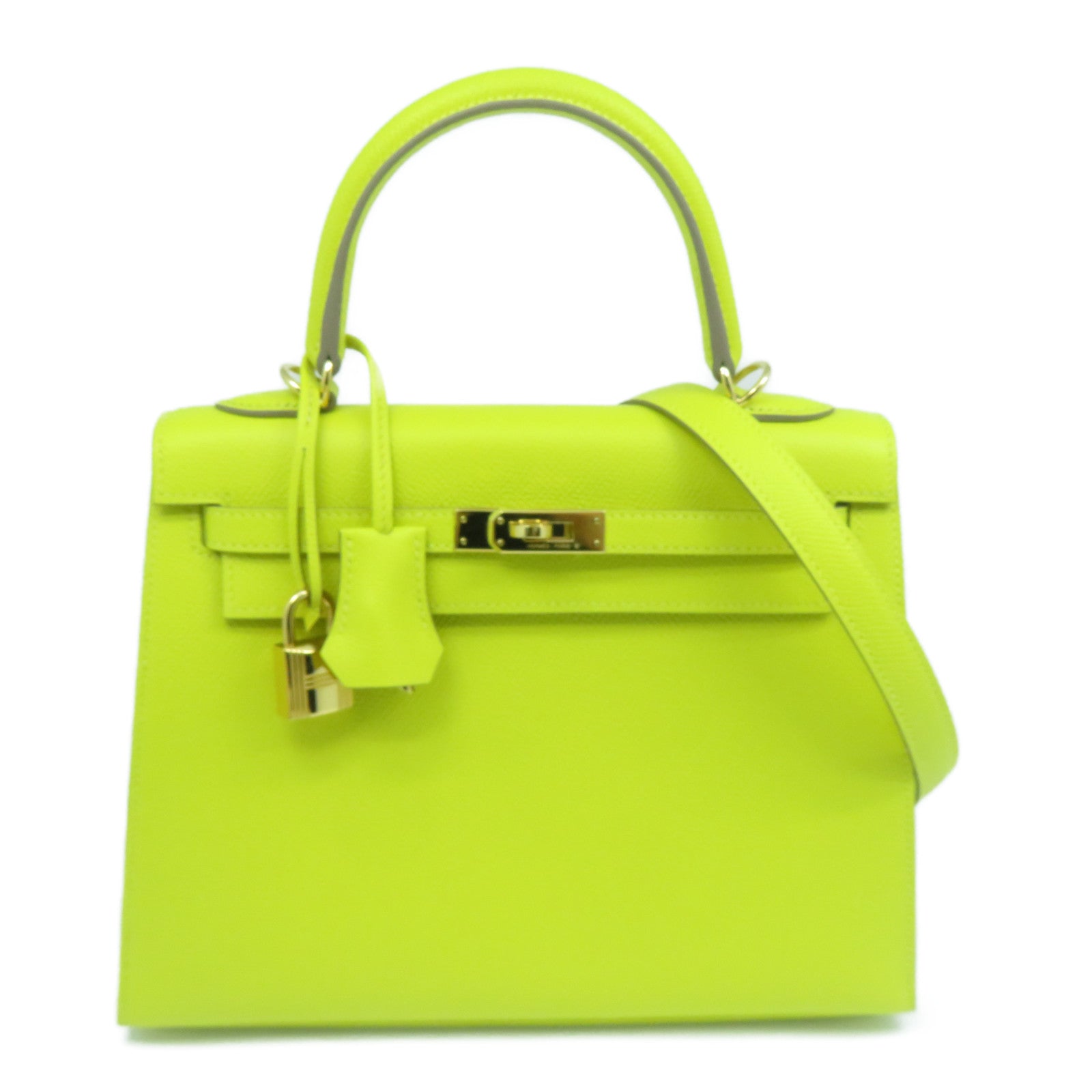 HERMES Epsom皮革Kelly 25金扣手挽肩背兩用袋黃綠色