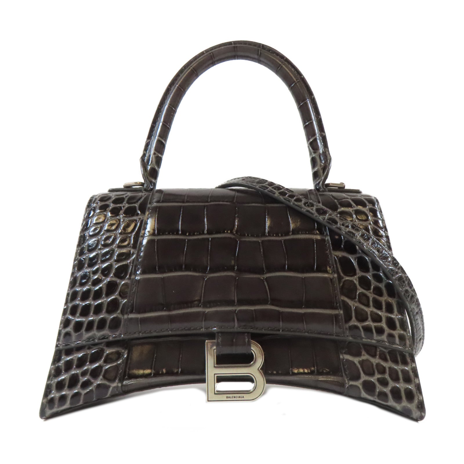 BALENCIAGA 牛皮皮革Hourglass Small銀扣手挽肩背兩用袋黑色/灰色