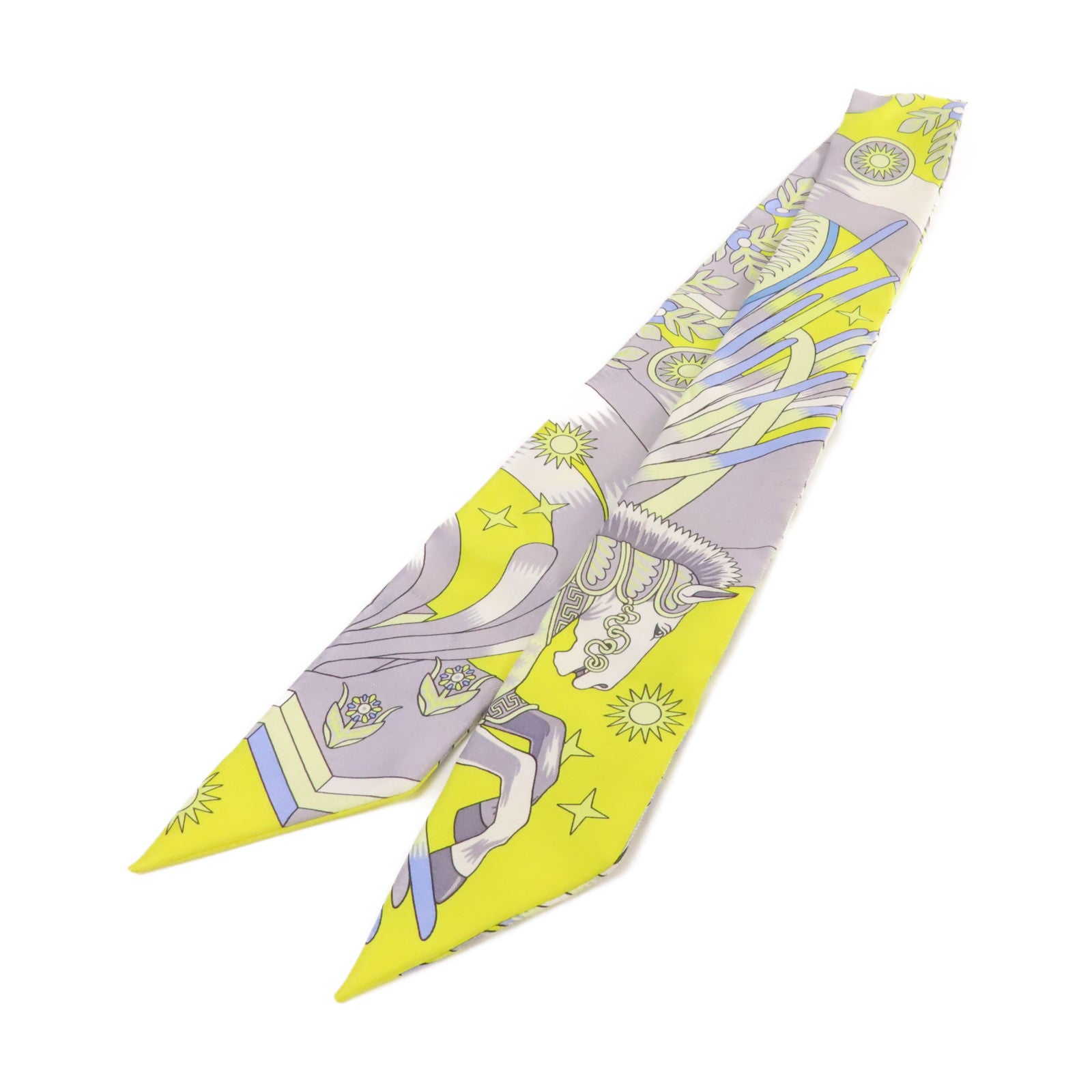 HERMES 絲質Twilly Scarf絲巾黃色/灰色/彩色