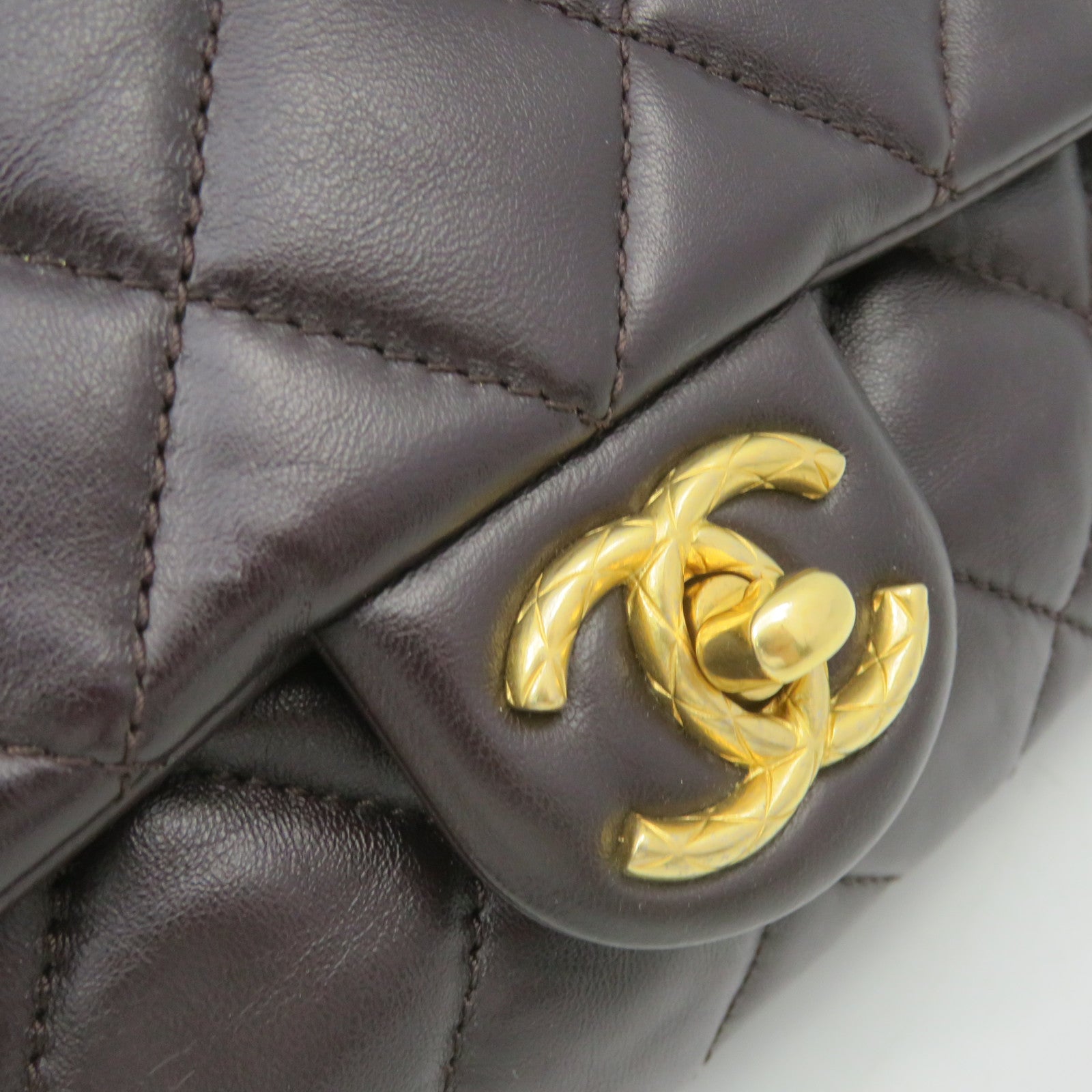 CHANEL 菱格羊皮皮革Chain Shoulder Bag金扣链带肩背袋朱古力色