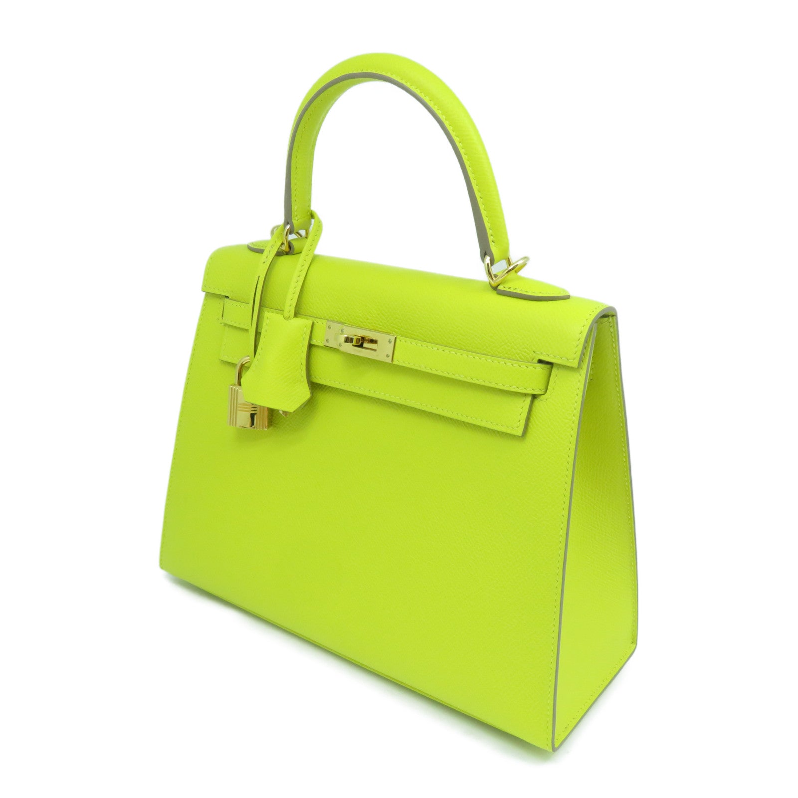HERMES Epsom皮革Kelly 25金扣手挽肩背兩用袋黃綠色