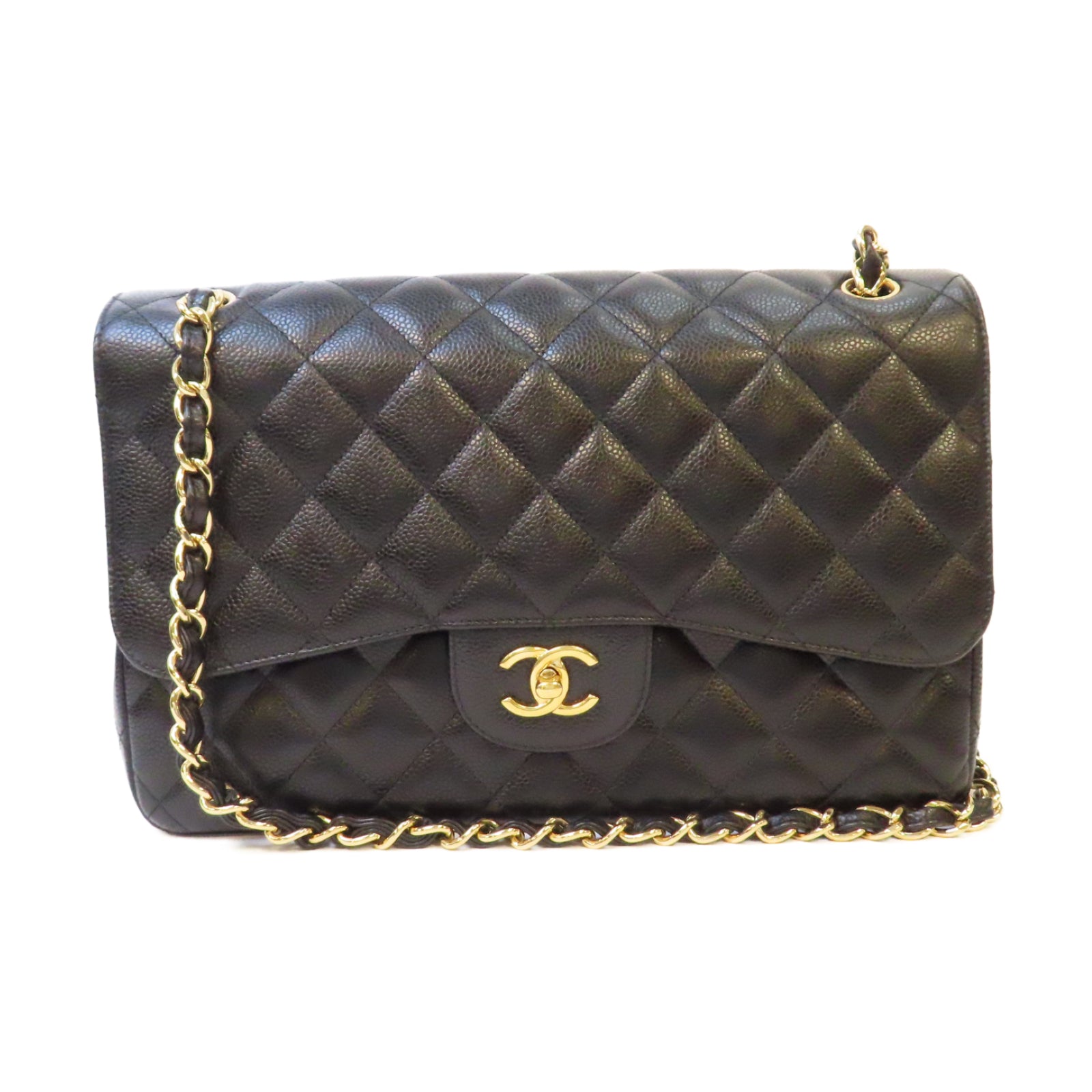 CHANEL 菱格Caviar皮革Classic Flap Jumbo金扣鏈帶肩背袋黑色