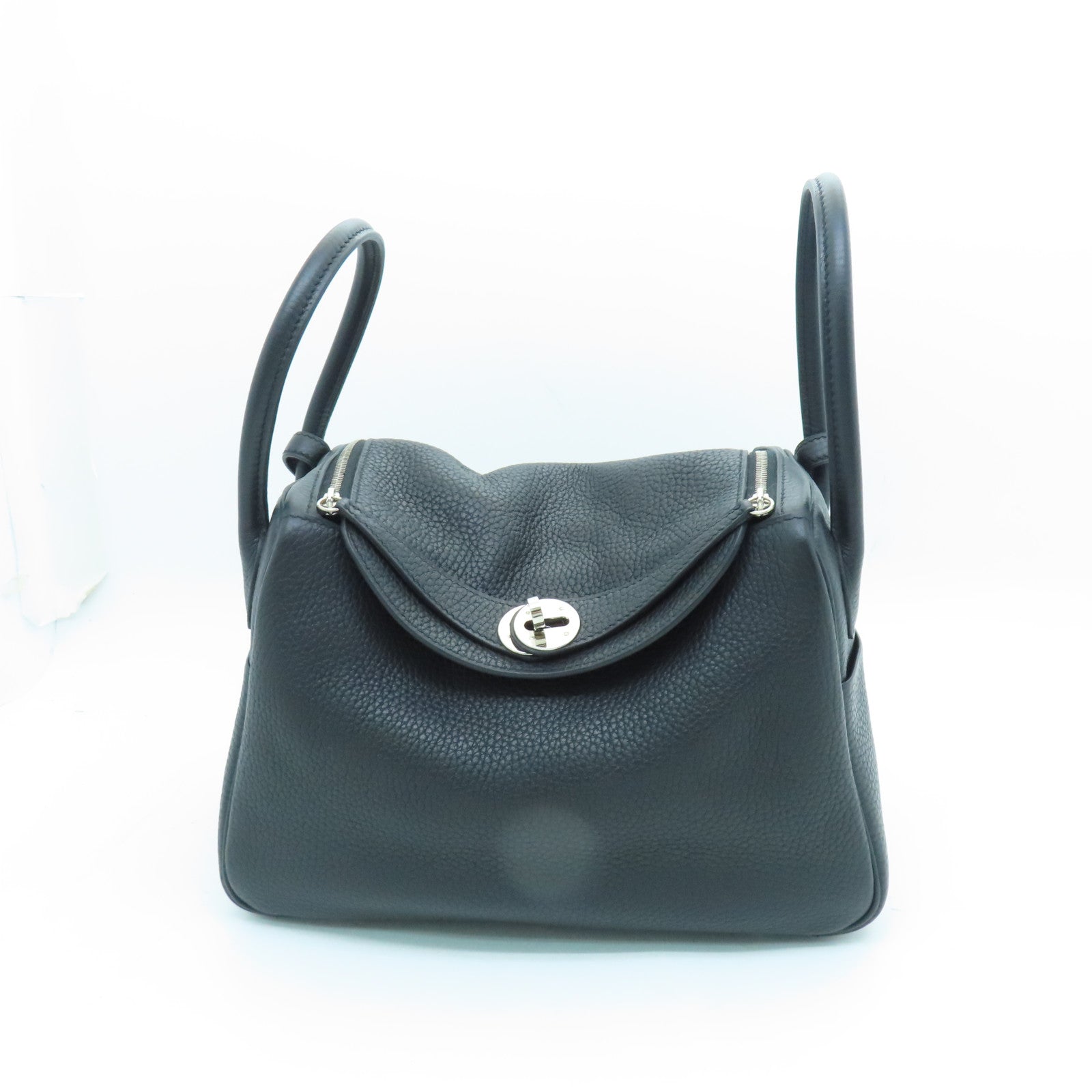 HERMES Taurillon Clemence Leather Lindy 26 Silver Buckle Handle Shoulder Bag Black