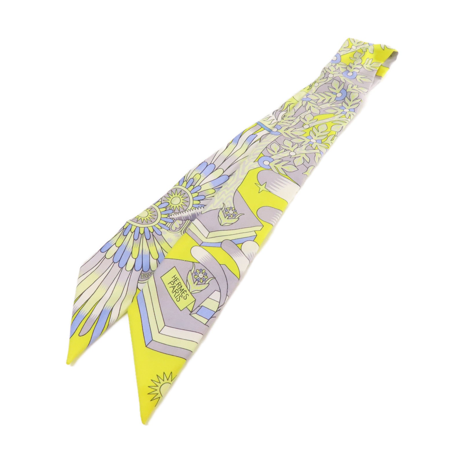 HERMES 絲質Twilly Scarf絲巾黃色/灰色/彩色