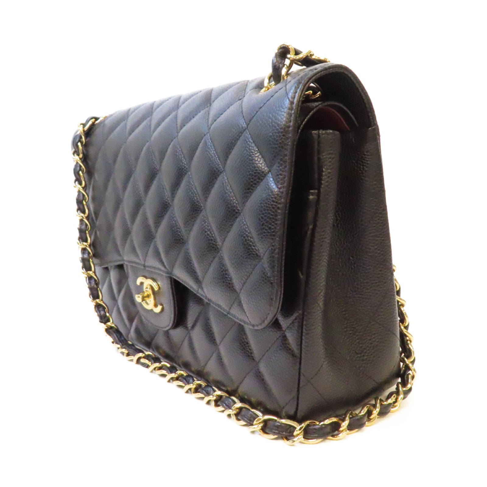 CHANEL 菱格Caviar皮革Classic Flap Jumbo金扣鏈帶肩背袋黑色