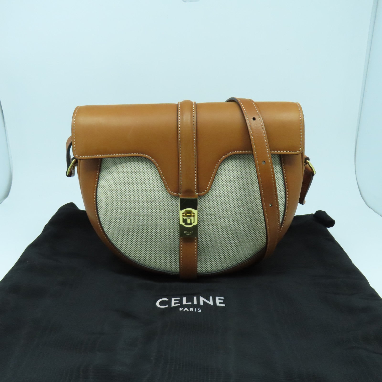 CELINE 牛皮皮革/帆布Shoulder Bag金扣肩背袋啡色/米色