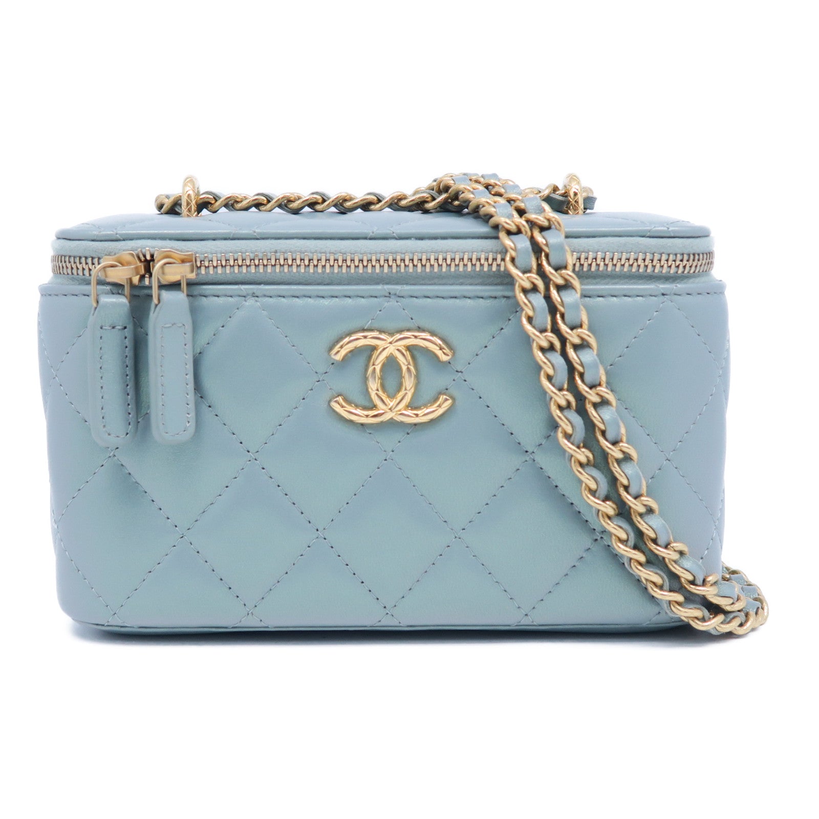 CHANEL 菱格羊皮皮革Vanity Case金扣鏈帶肩背袋淺藍色