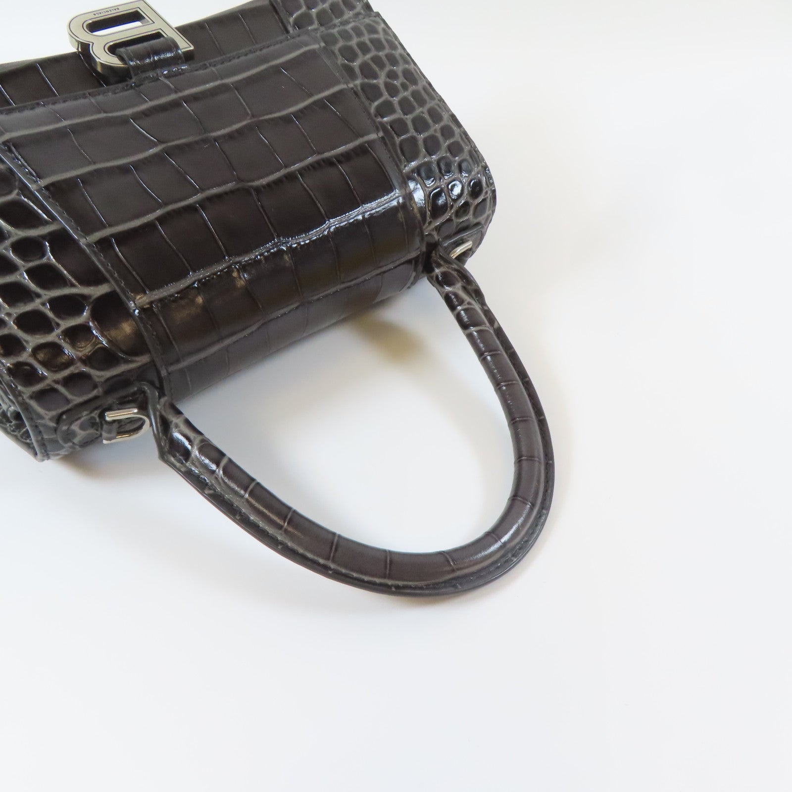 BALENCIAGA 牛皮皮革Hourglass Small銀扣手挽肩背兩用袋黑色/灰色