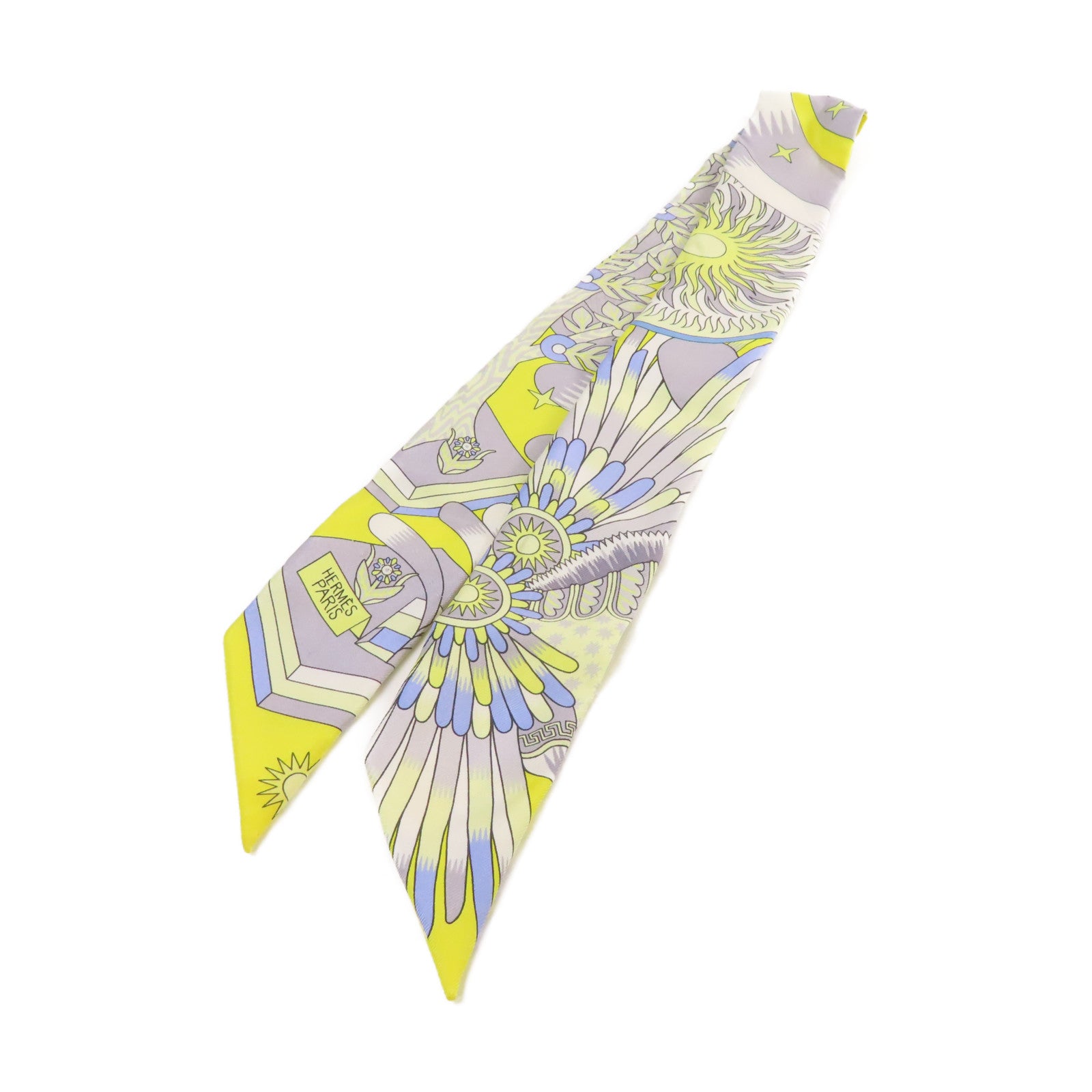 HERMES 絲質Twilly Scarf絲巾黃色/灰色/彩色