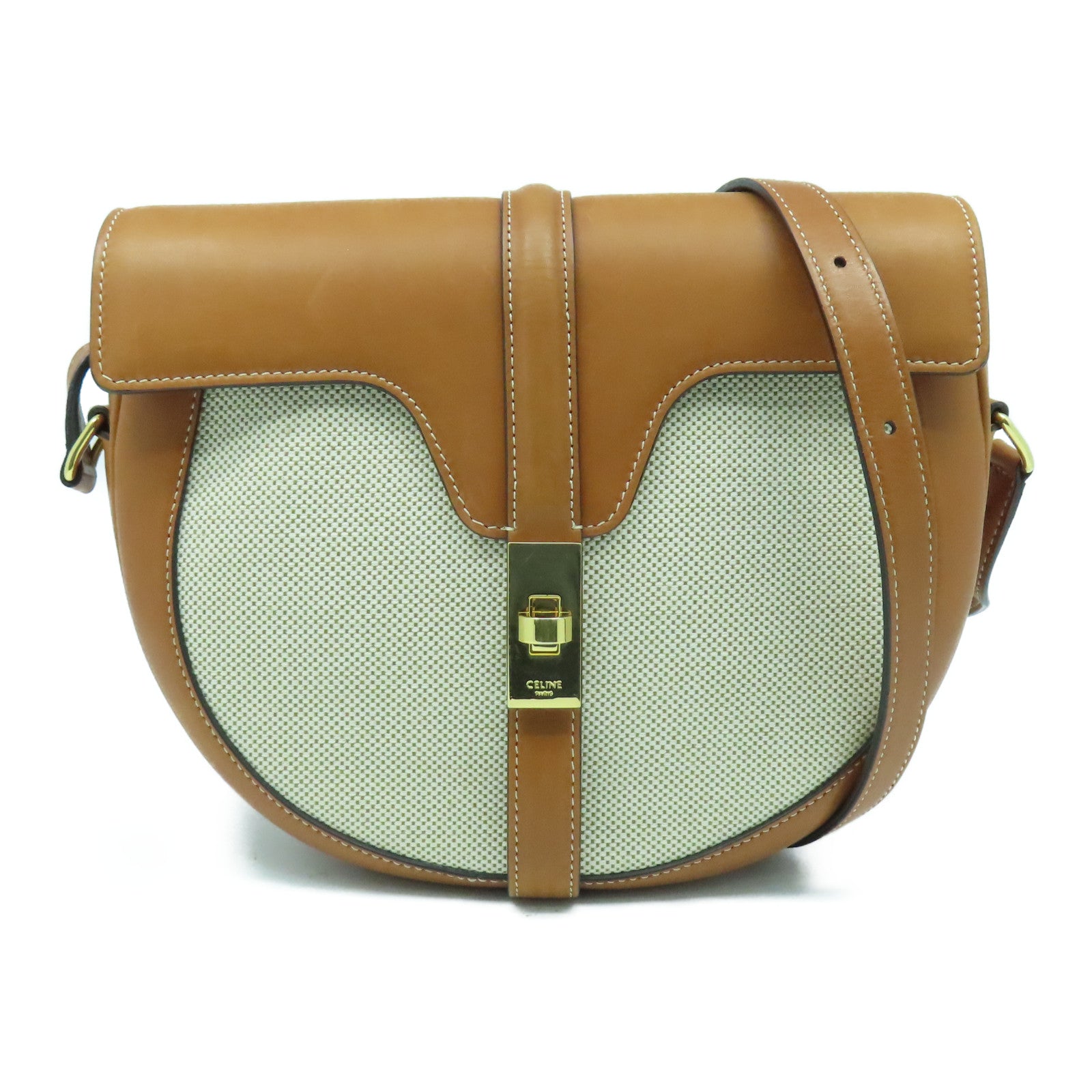CELINE 牛皮皮革/帆布Shoulder Bag金扣肩背袋啡色/米色