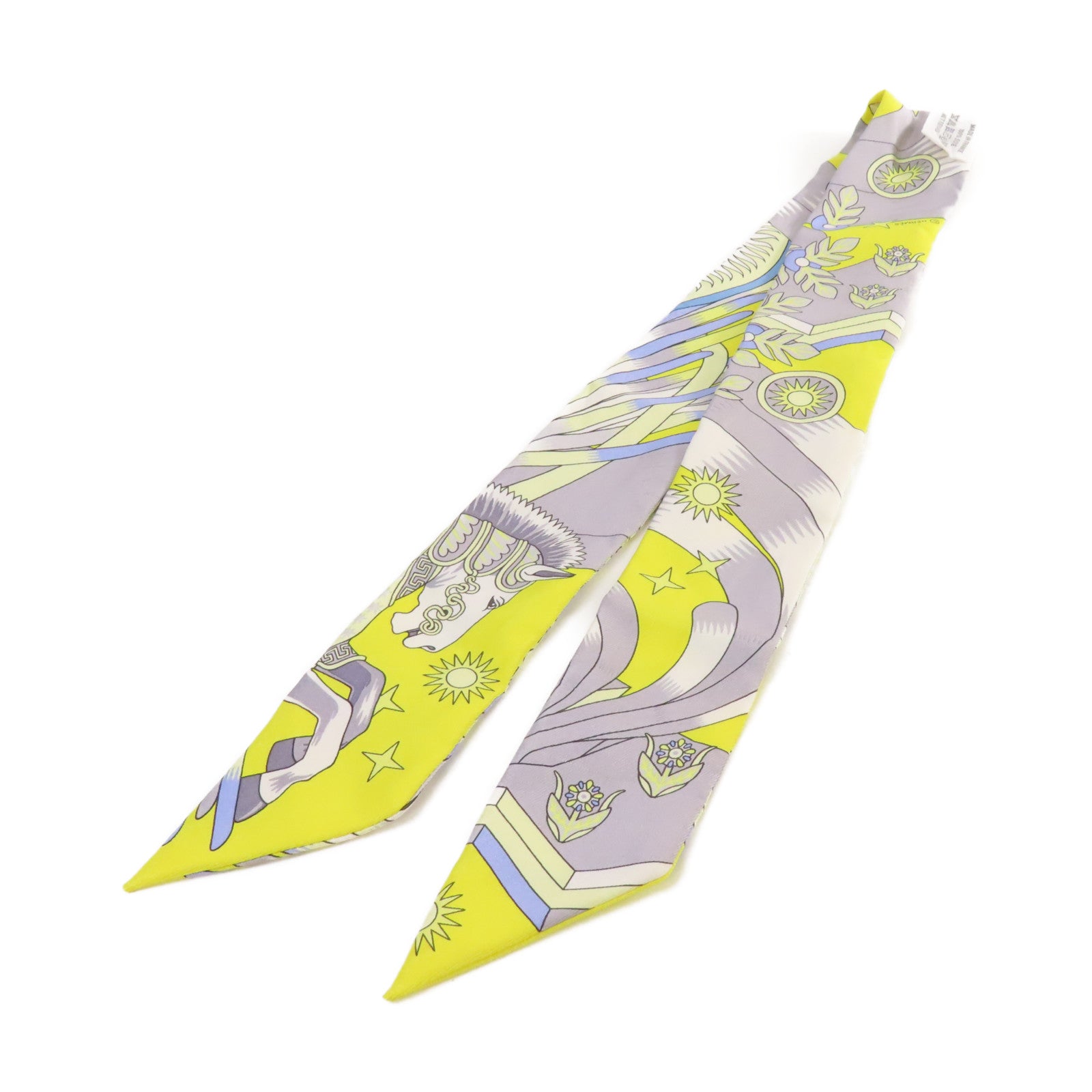 HERMES 絲質Twilly Scarf絲巾黃色/灰色/彩色