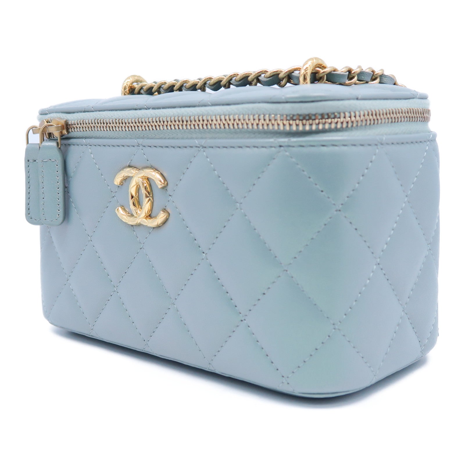 CHANEL 菱格羊皮皮革Vanity Case金扣鏈帶肩背袋淺藍色