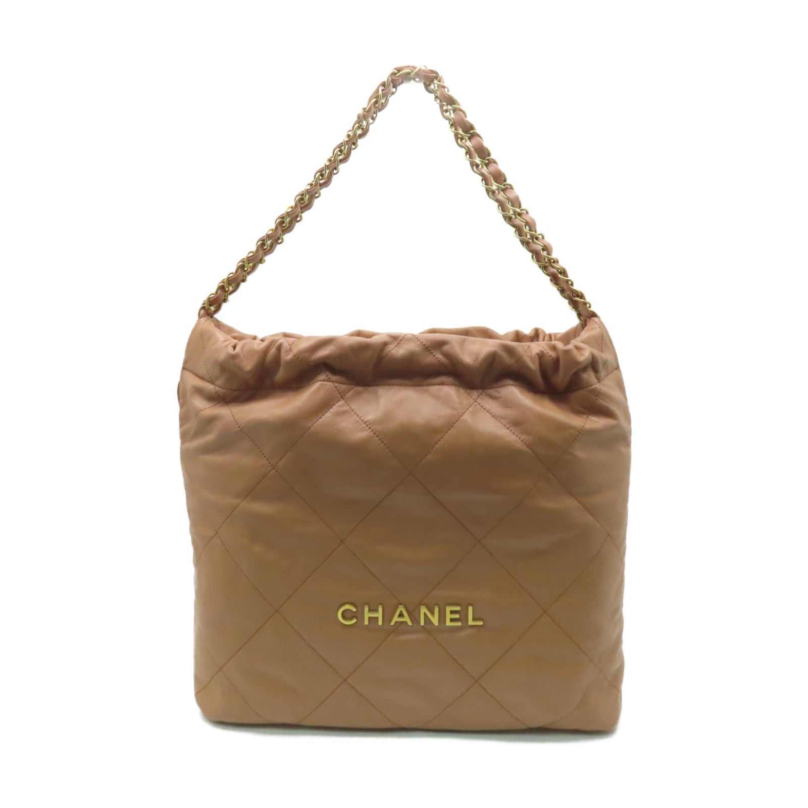 CHANEL 菱格牛皮皮革Chanel 22 Medium金扣鏈帶肩背袋米色