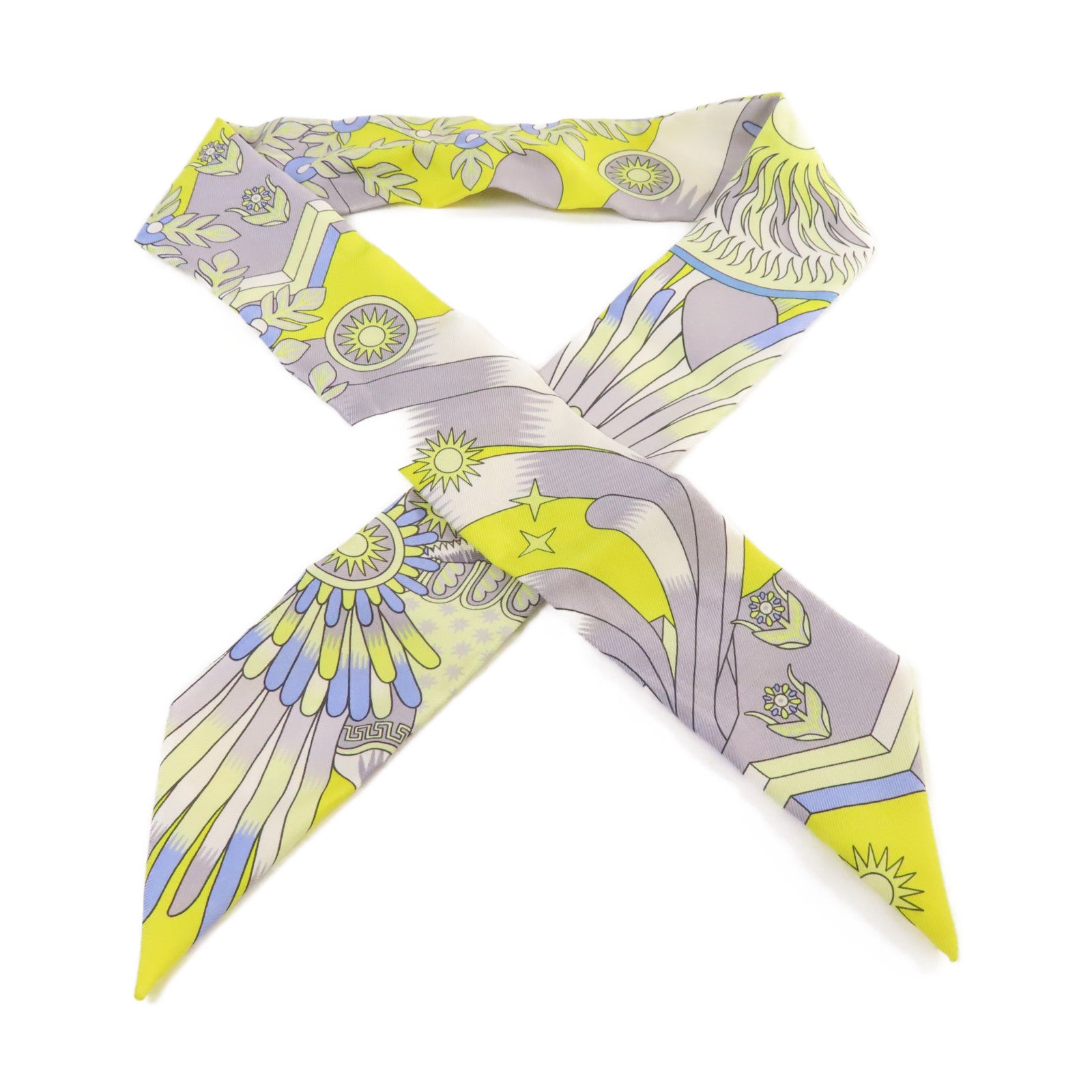 HERMES 絲質Twilly Scarf絲巾黃色/灰色/彩色