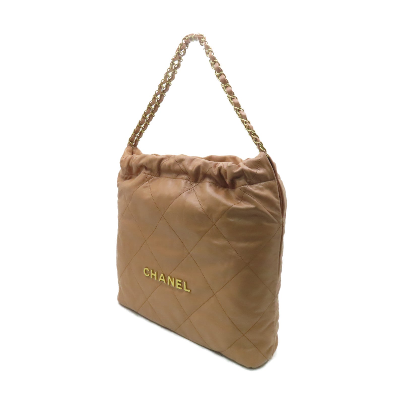 CHANEL 菱格牛皮皮革Chanel 22 Medium金扣鏈帶肩背袋米色