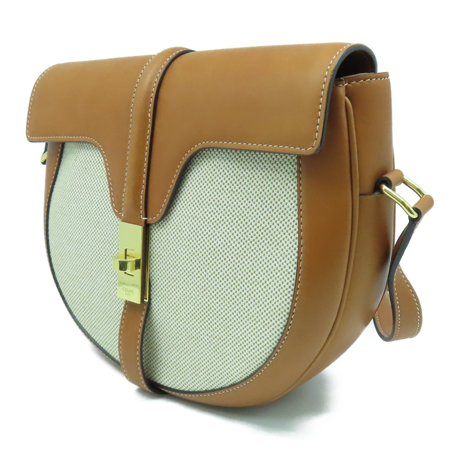 CELINE 牛皮皮革/帆布Shoulder Bag金扣肩背袋啡色/米色
